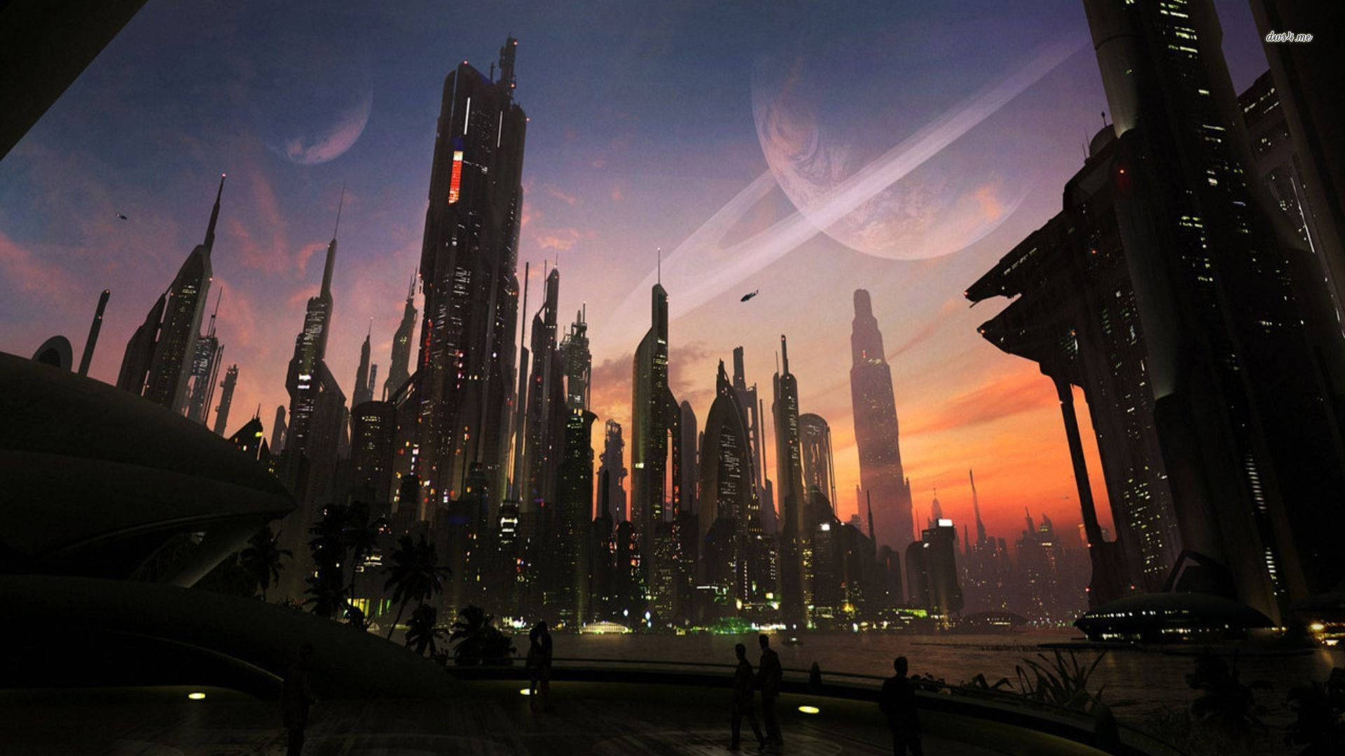 Futuristic City 桌布 壁紙 — 日落時分的未來城市景觀，高聳的摩天大樓、發光的燈光，以及天空中一顆巨大的行星。