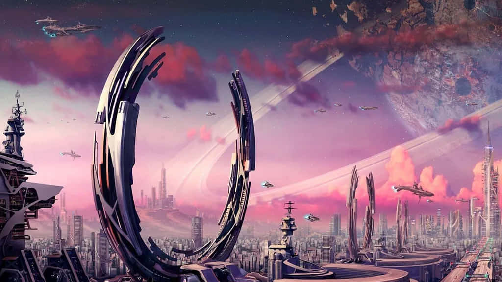 Future City 桌布 壁紙 — 日落時分的未來城市景觀，高聳的金屬結構和飛行車輛映襯著粉紅色和紫色的天空。