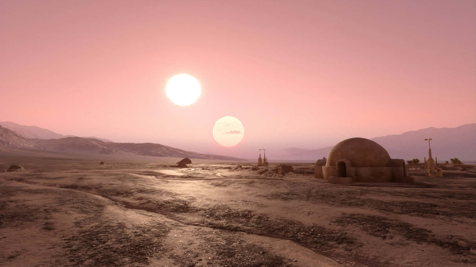 Tatooine 桌布 壁紙 — 日落時分的沙漠星球，兩顆太陽將粉紅色的光芒投射在圓頂結構和遠山之上。