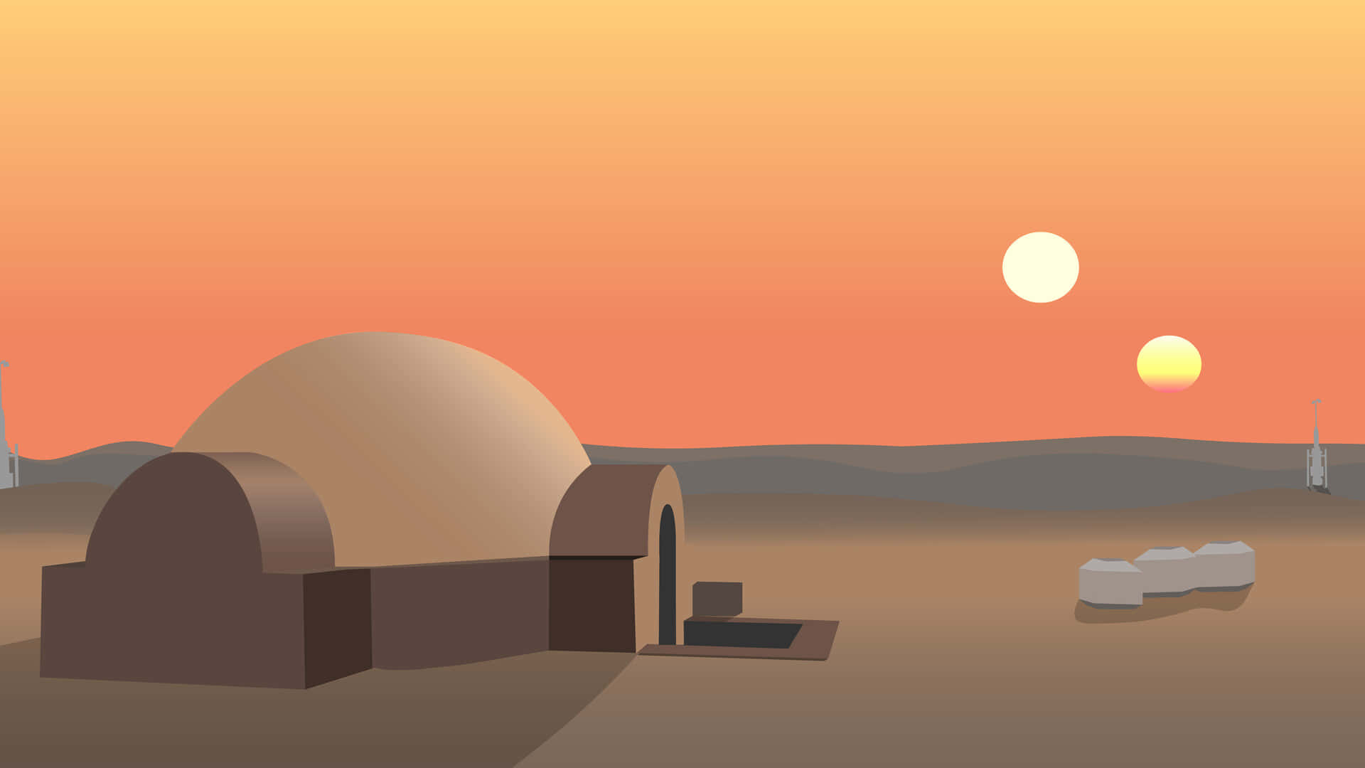 Tatooine 桌布 壁紙 — 日落時分的沙漠星球，有一個圓頂結構和兩個太陽在地平線上發光。