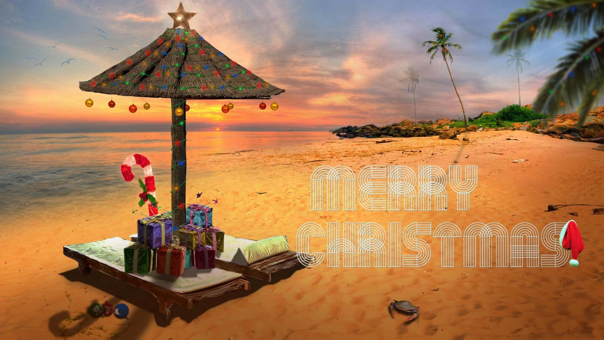 聖誕節 桌布 壁紙 — 日落時分的節日海灘場景，裝飾過的提基小屋在棕櫚樹下拿著聖誕禮物和拐杖糖。