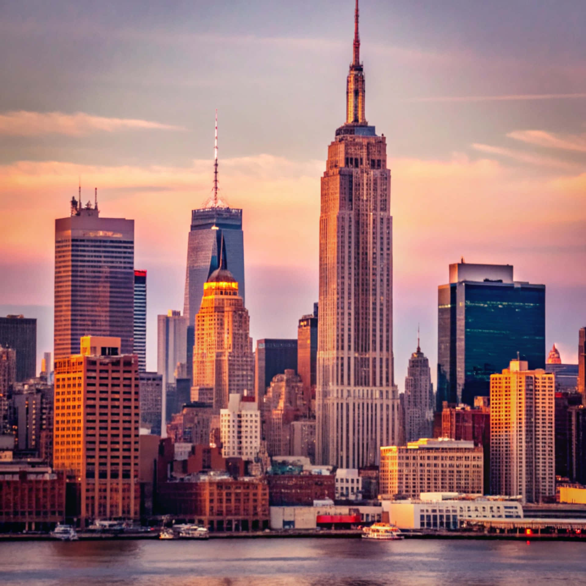 New York Skyline 壁紙 — 日落時分的紐約市天際線，帝國大廈聳立在摩天大樓和下方水域之上。