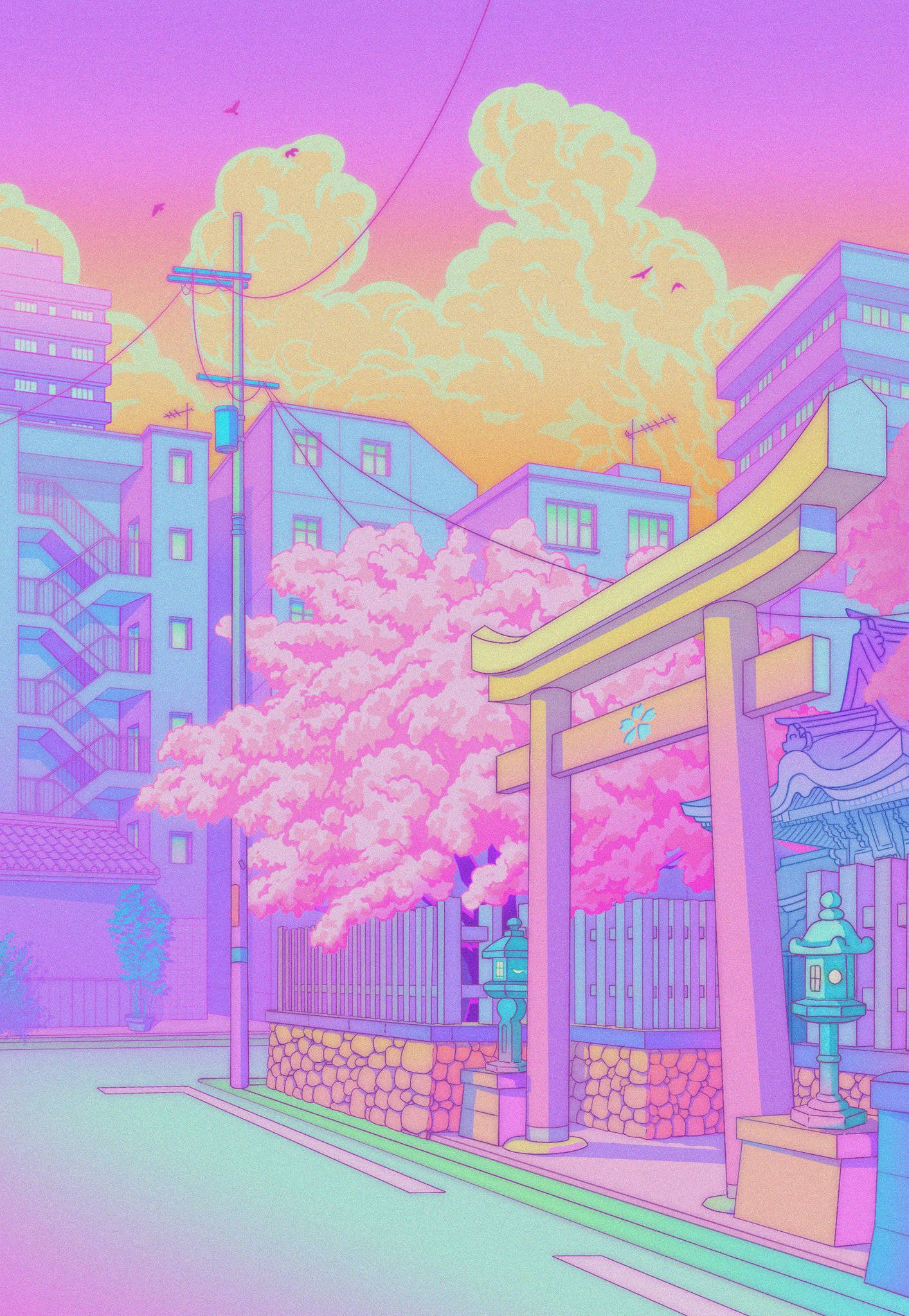 Japanese Aesthetic 桌布 壁紙 — 日落時分的超現實動漫風格街景，粉紅櫻花樹旁有傳統鳥居，天空呈現紫色和黃色漸變。