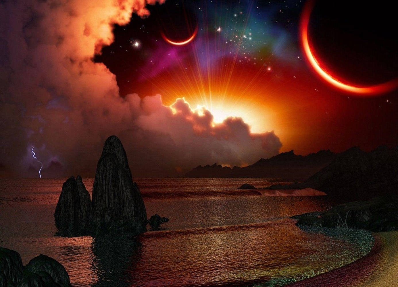 奇幻藝術 桌布 壁紙 — 日落時分的超現實外星海景，發光的雲層、閃電和兩個新月掛在黑暗崎嶇的岩石上方。