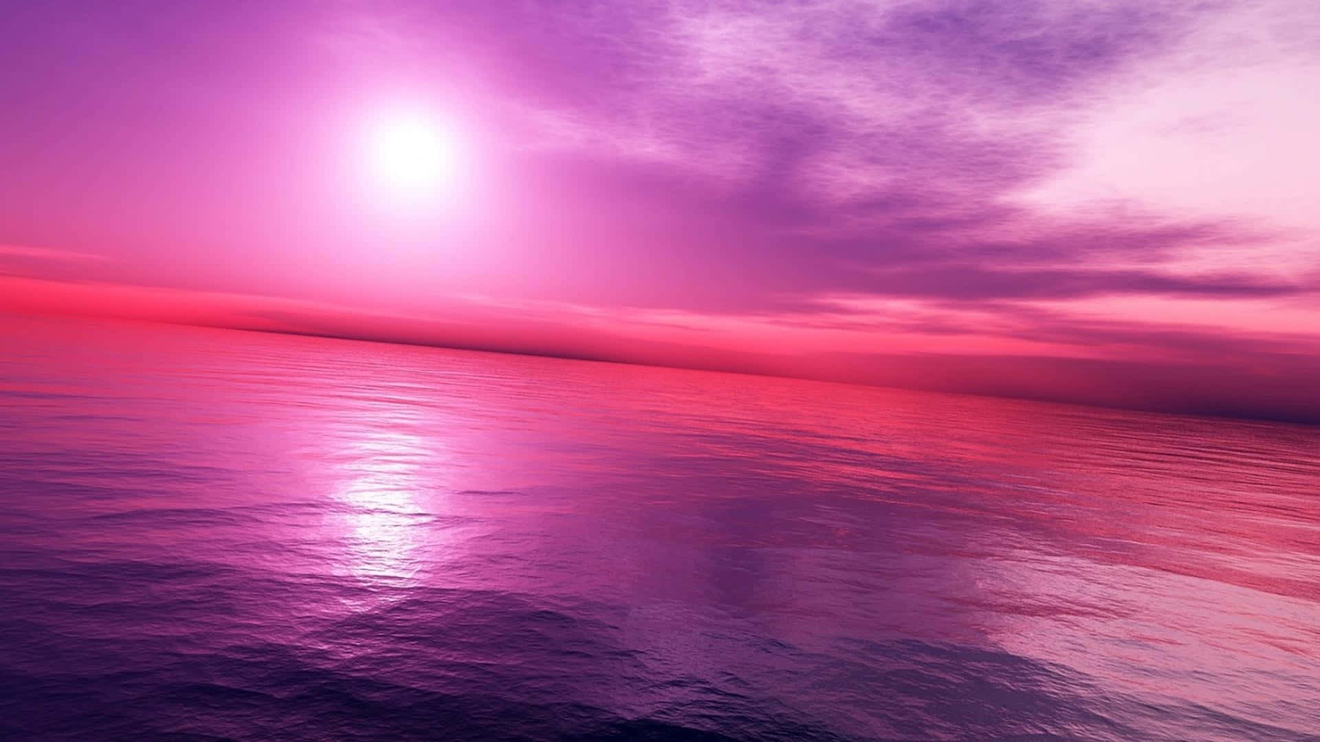 Pink Sunset 桌布 壁紙 — 日落時分的超現實海洋，沐浴在耀眼的粉紅色和紫色色調中，發光的太陽投射出閃爍的倒影。