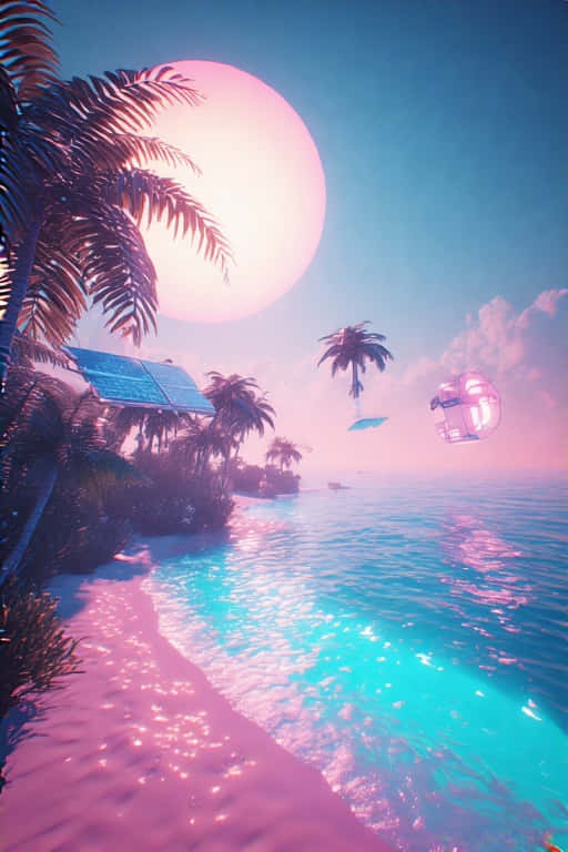 Realistic Summer Mountain Meadow 壁紙 — 日落時分的超現實熱帶海灘，巨大的粉紅月亮、粉紅發光的棕櫚樹、藍色海水上漂浮著未來主義的吊艙。