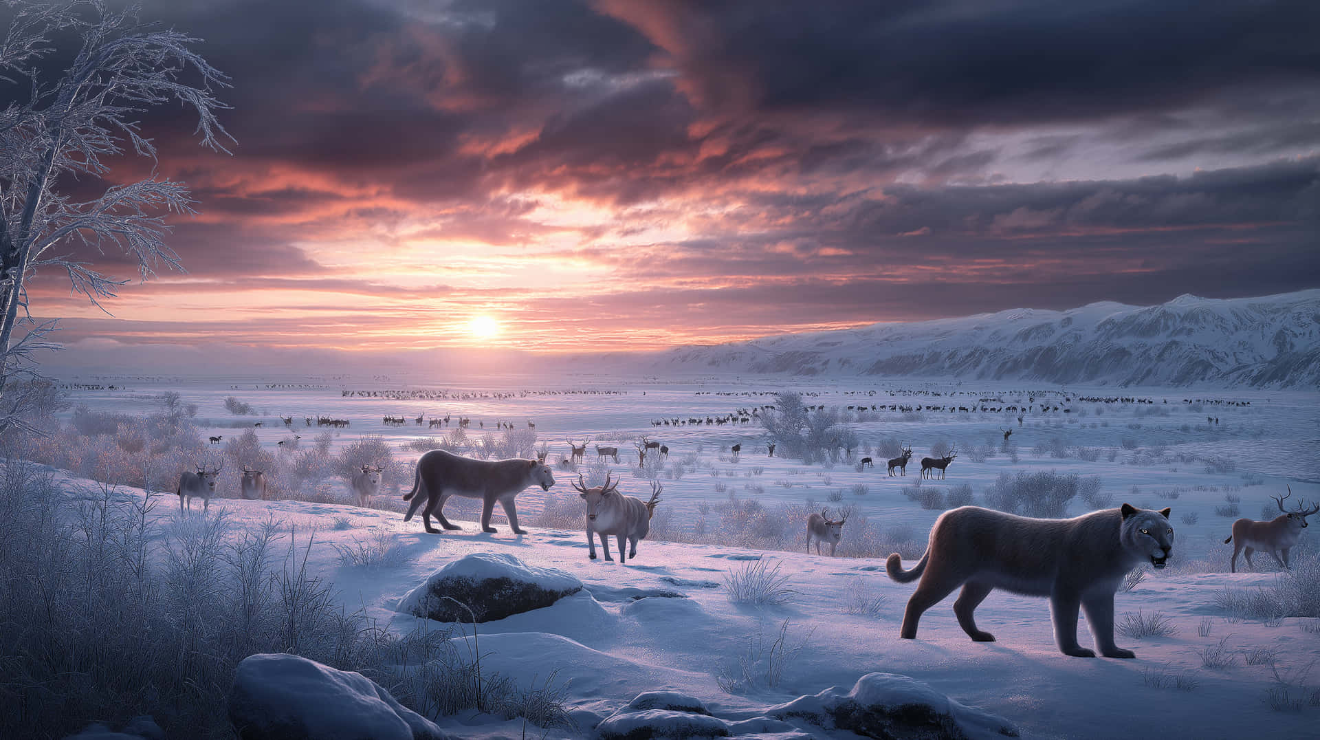 Ice Age Dawn 壁紙 — 日落時分的雪原，狼和馴鹿在戲劇性的粉紅和紫色天空下吃草。