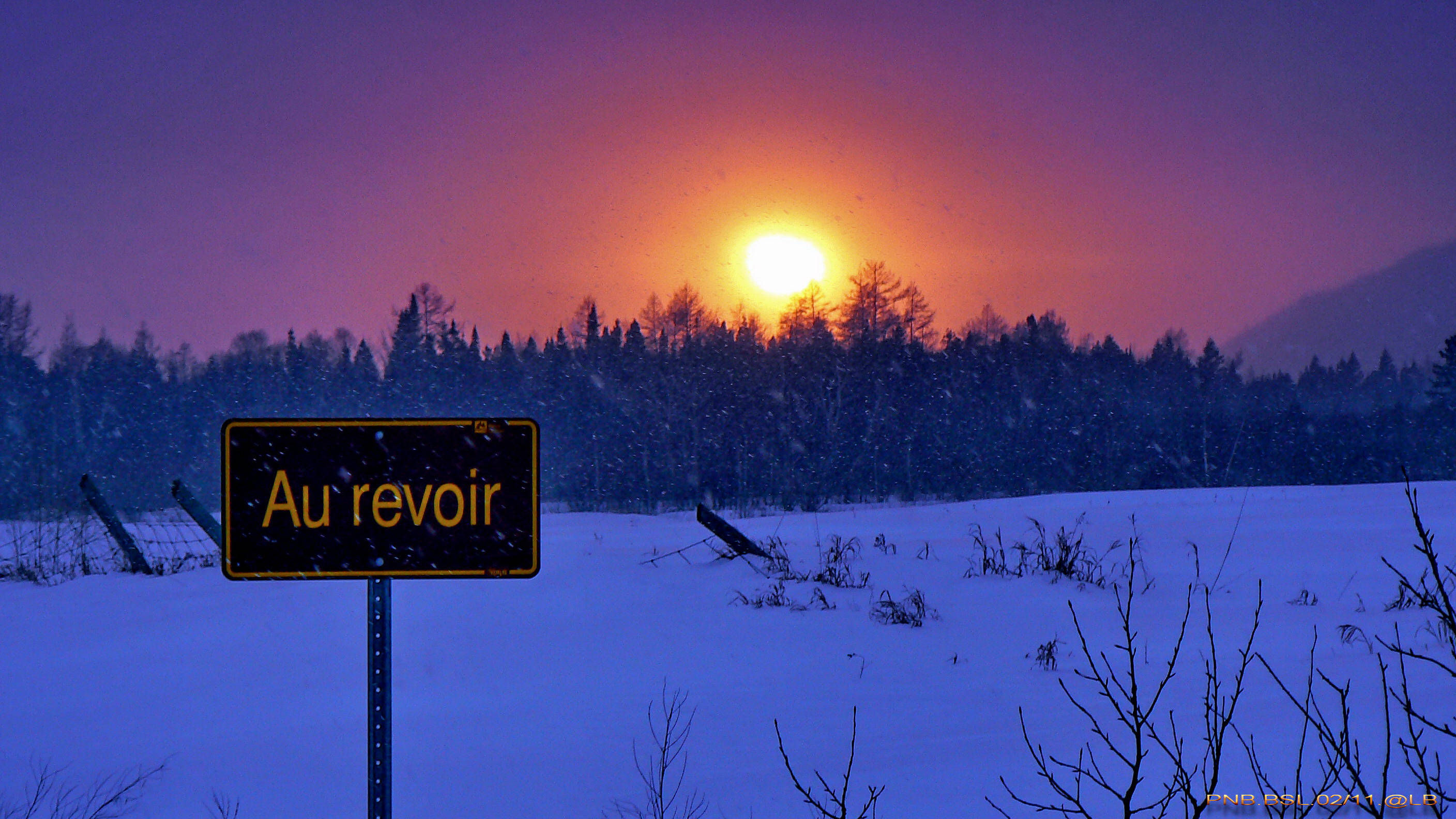 日落 桌布 壁紙 — 日落時分的雪地，有一個寫著「Au revoir」的標誌，背景是紫橙色天空和剪影樹木。