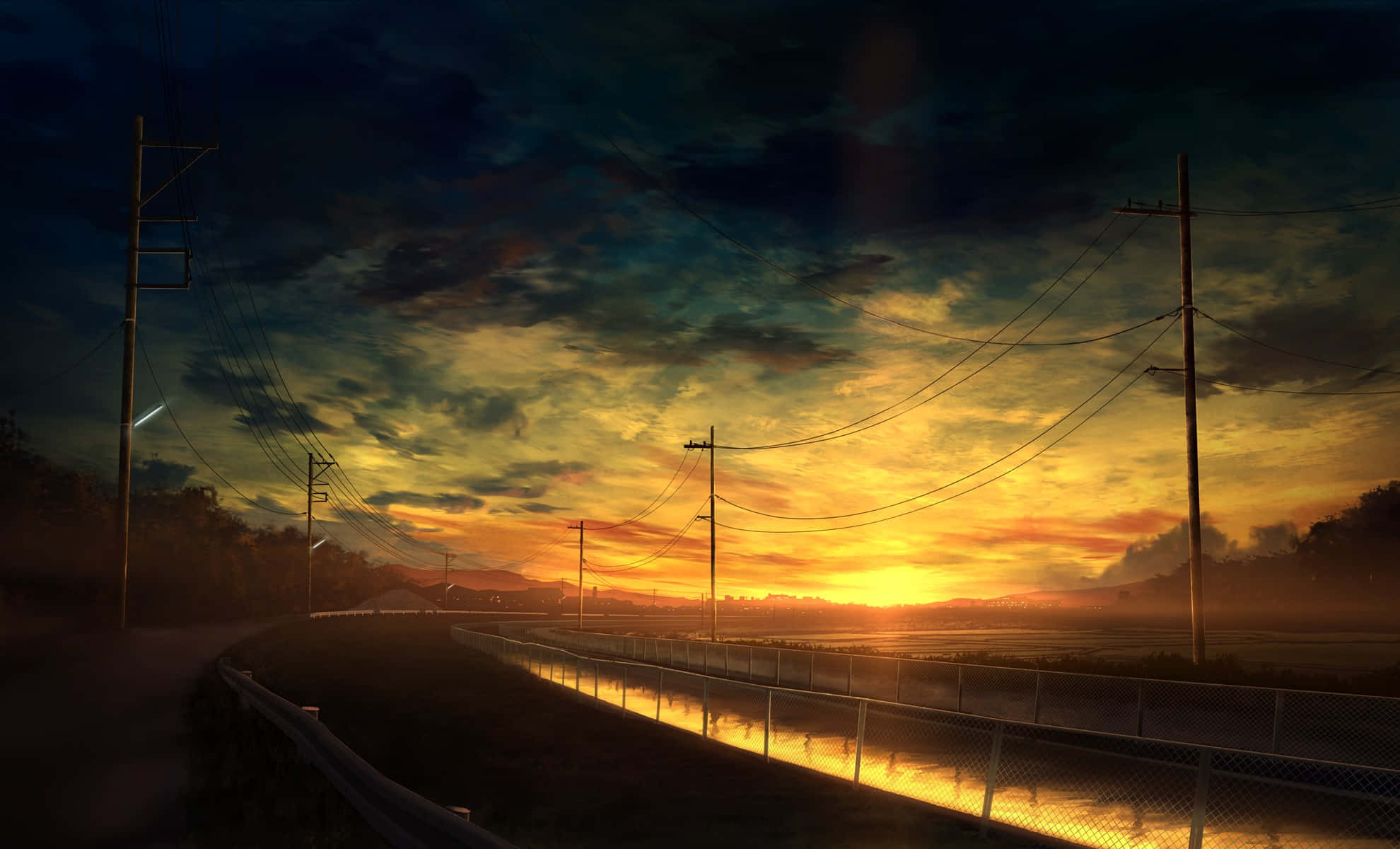 Anime Sunset 桌布 壁紙 — 日落時分蜿蜒的道路，電線穿過由橙色、黃色和深藍色雲朵組成的戲劇性天空。