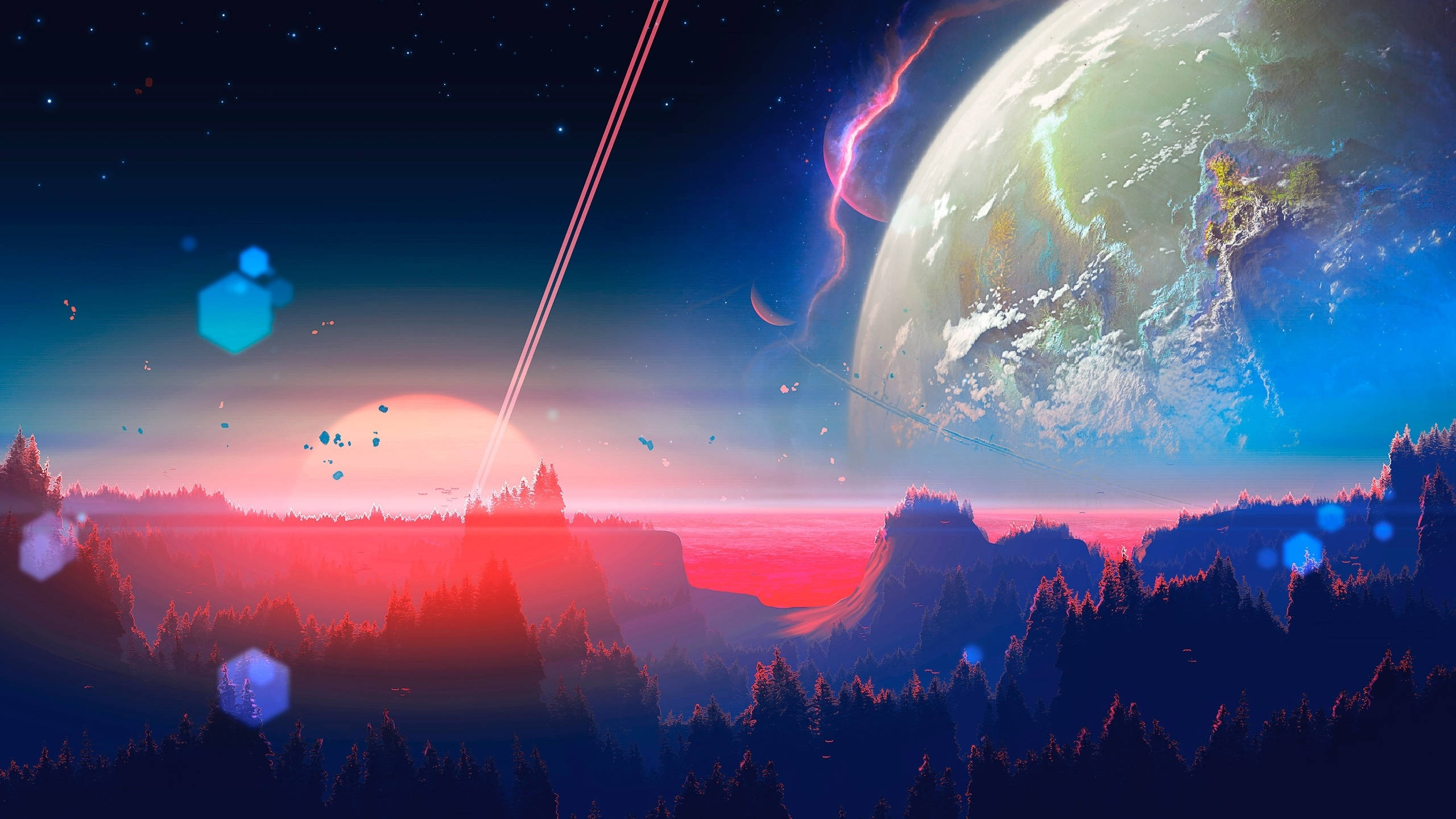 太空 桌布 壁紙 — 日落時分超現實的外星景觀，一顆巨大行星和發光的六邊形漂浮在森林地平線之上。
