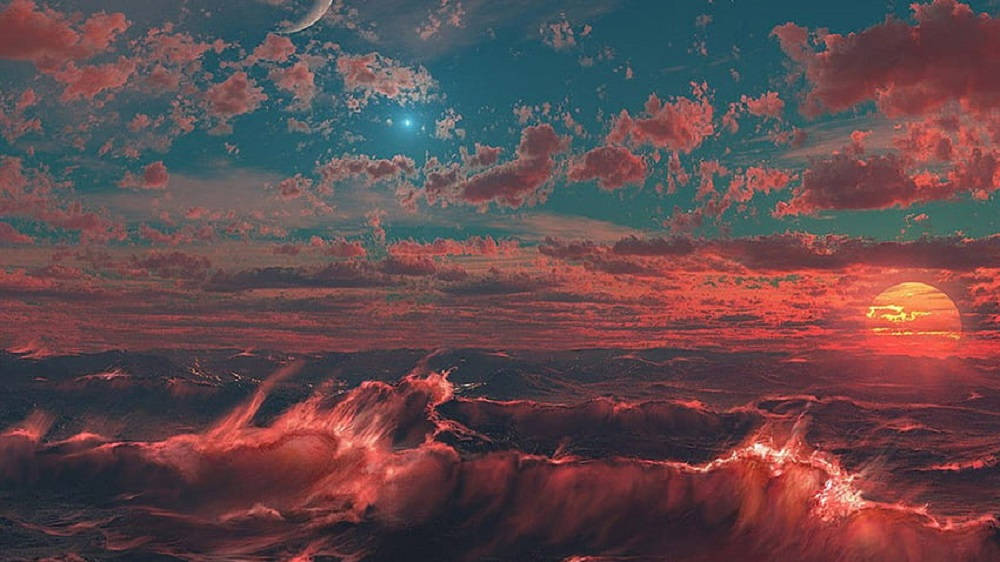 桌布 壁紙 — 日落時分超現實的外星海景，火紅色的海浪在點綴著新月和閃爍星星的青色天空下翻騰。