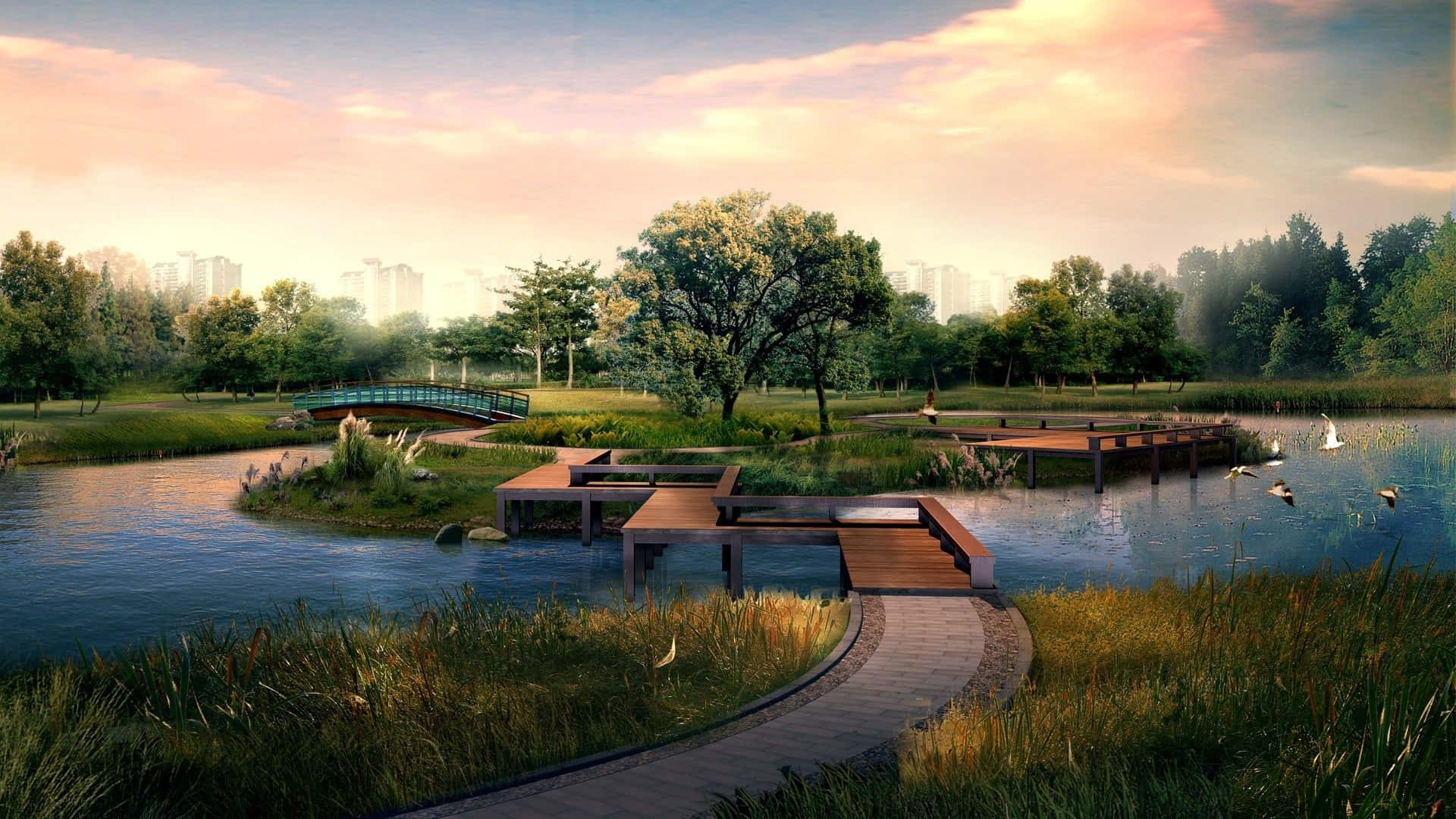 Garden Design 桌布 壁紙 — 日落時寧靜的公園池塘，有木製步道、長椅和綠色橋樑，周圍環繞樹木和遠處的城市天際線。