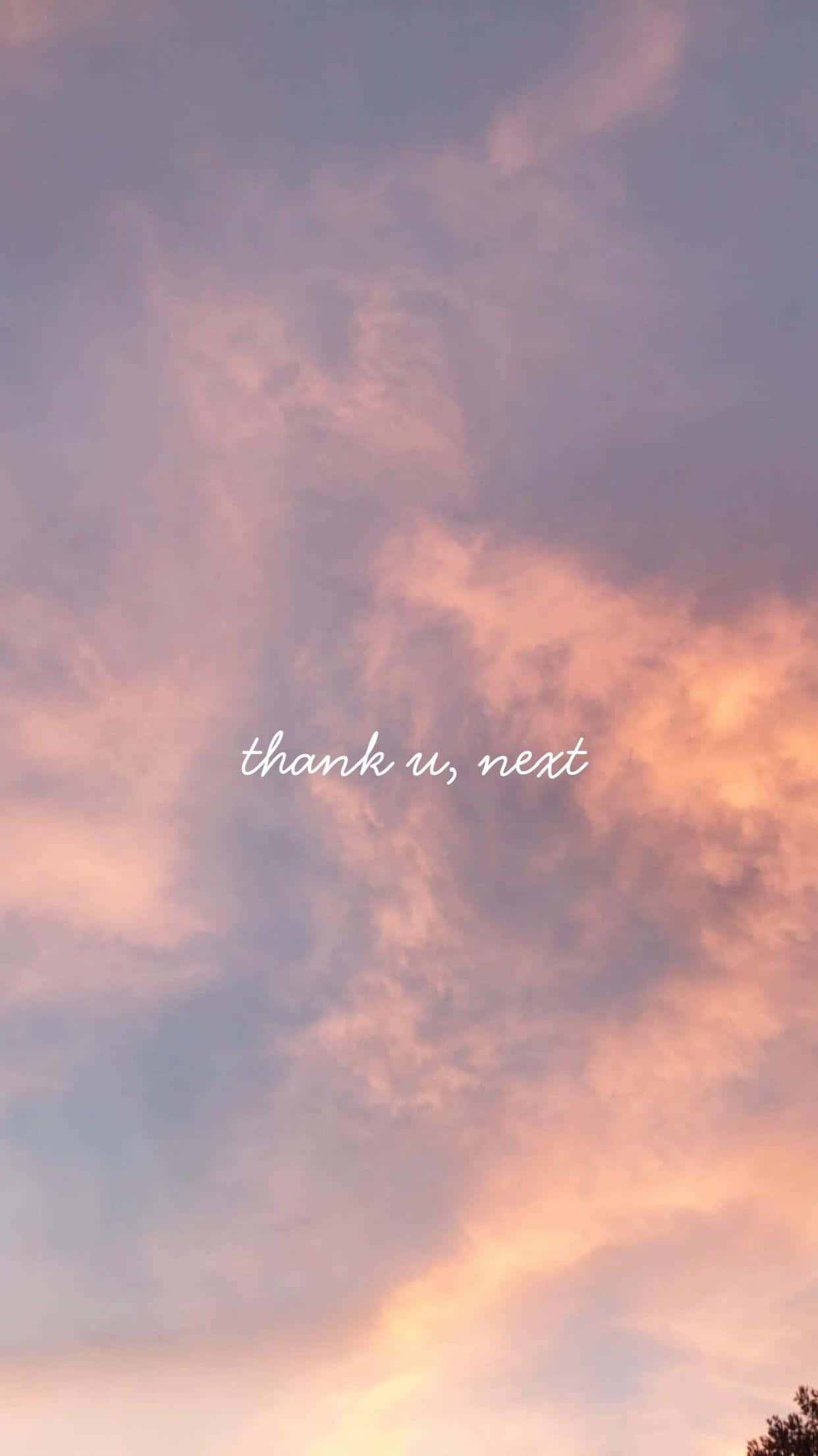 Aesthetic Ariana Grande 桌布 壁紙 — 日落時柔和粉彩的天空，帶有縷縷雲彩和白色草書浮現的文字 thank u next。