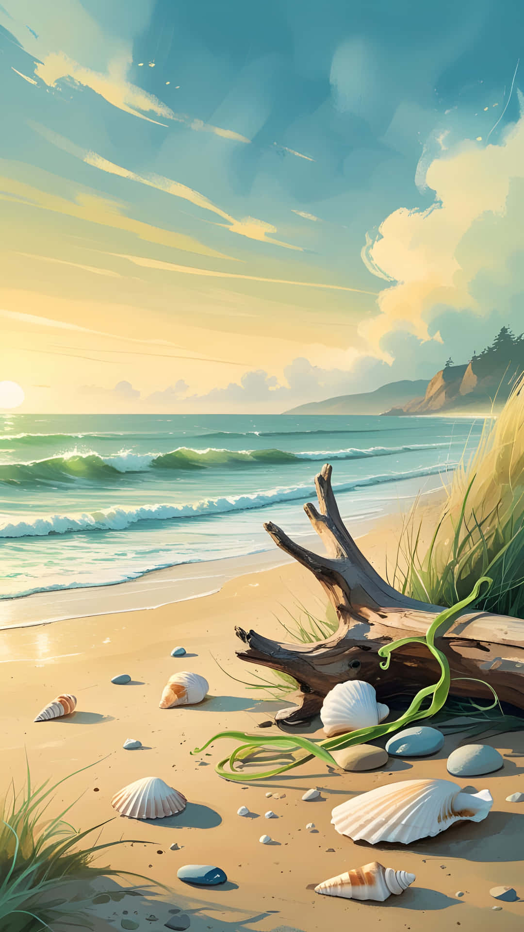 The Sea beach 壁紙 — 日落海灘場景，金色沙灘上有浮木、貝殼和綠色海藻，藍天白雲。