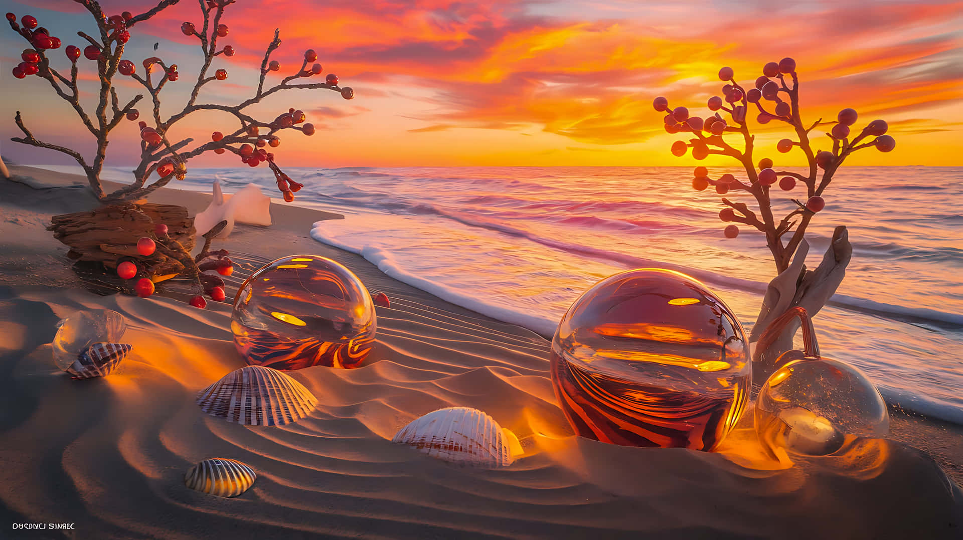 Sunset beach with glass orbs and berry tree art 壁紙 — 日落色調描繪了一個海灘，玻璃球、貝殼和漿果樹反射著海洋的光芒。
