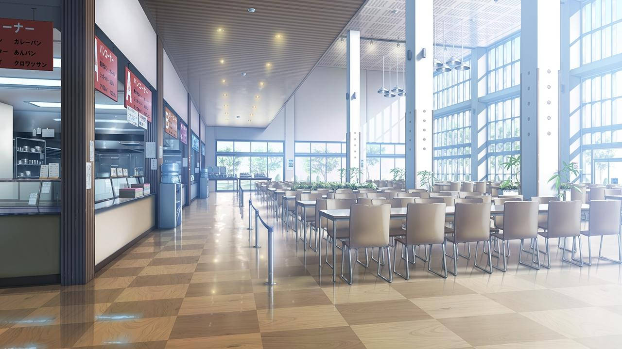 現代空蕩蕩的餐廳，帶有棋盤格地板和成排的桌椅。 — 動漫房間 壁紙