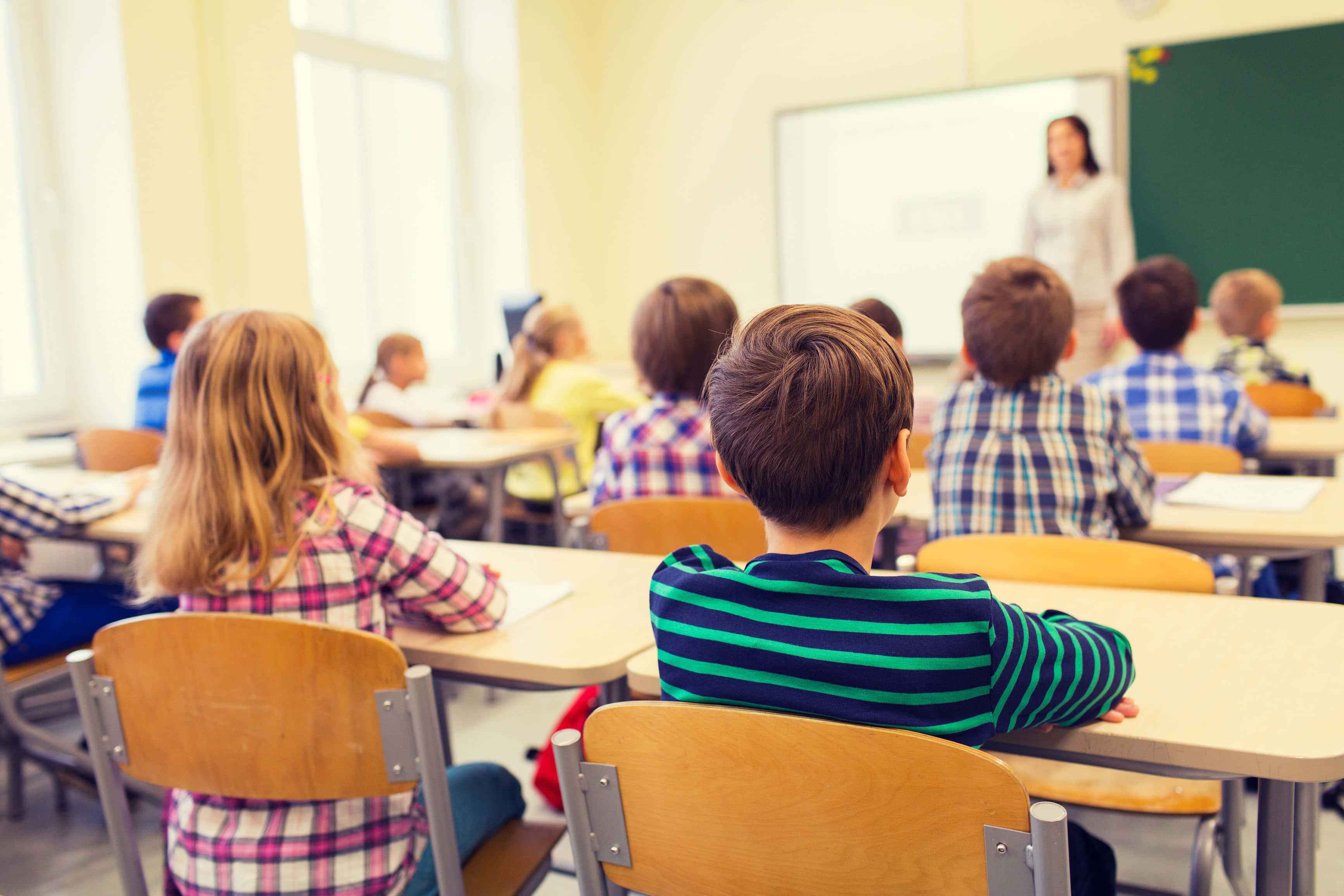 Classroom 桌布 壁紙 — 明亮教室中孩子們的背影，專心聆聽前方老師的講課。