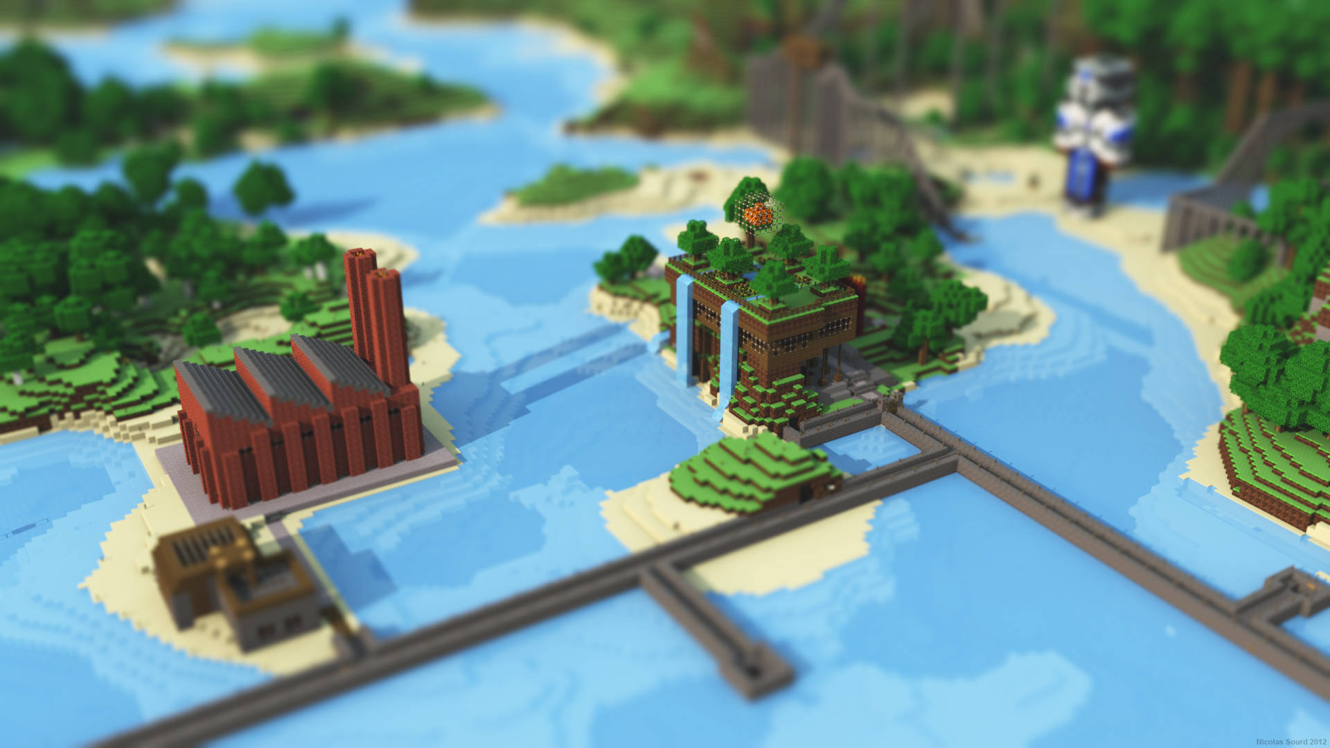 Minecraft Pc 桌布 壁紙 — 明亮日光下，一個Minecraft風格景觀的鳥瞰圖，包含像素化島嶼、河流和方塊狀建築。
