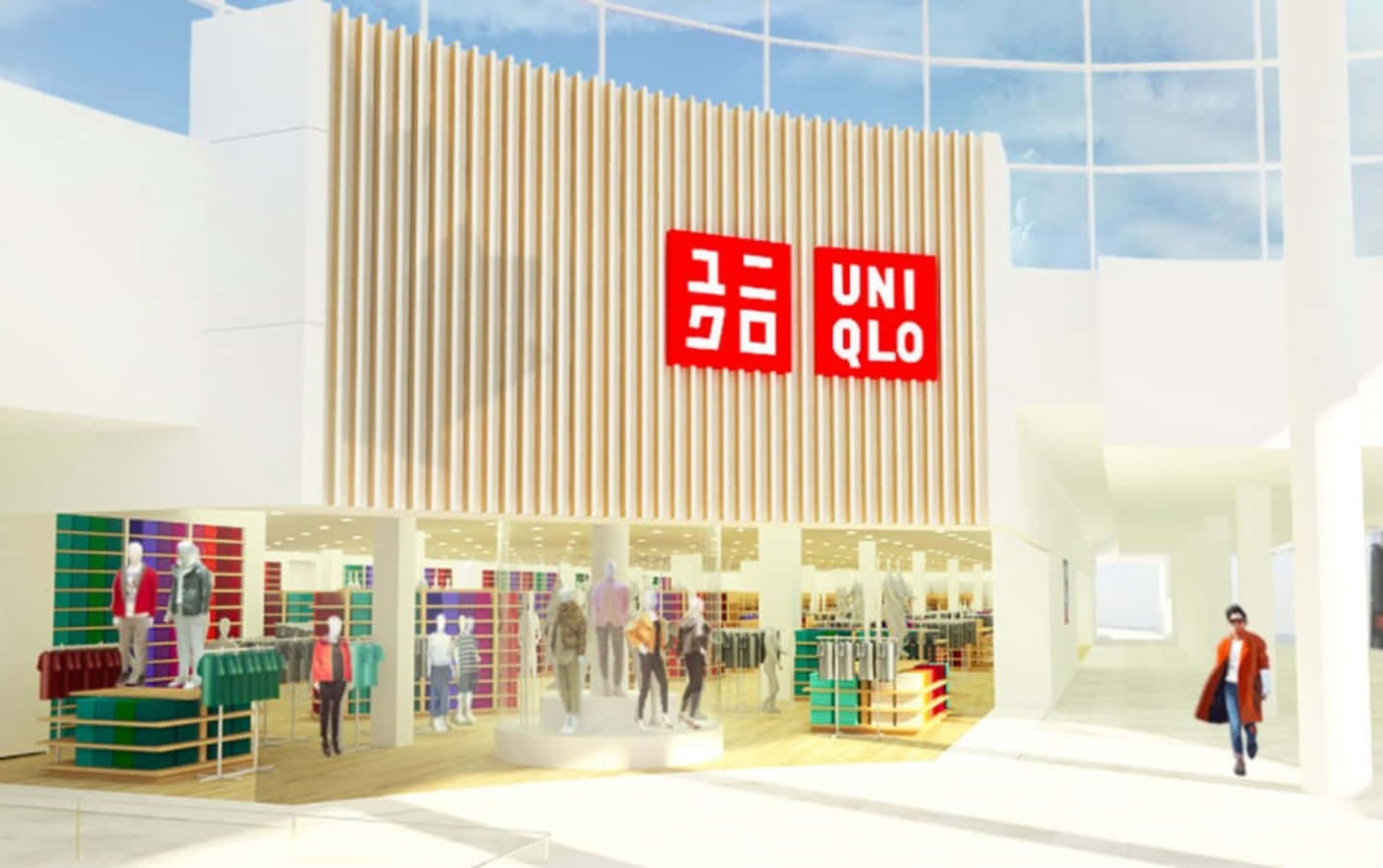 Uniqlo 桌布 壁紙 — 明亮現代UNIQLO店鋪，木條外牆，色彩繽紛的服裝展示，在清澈藍天下。