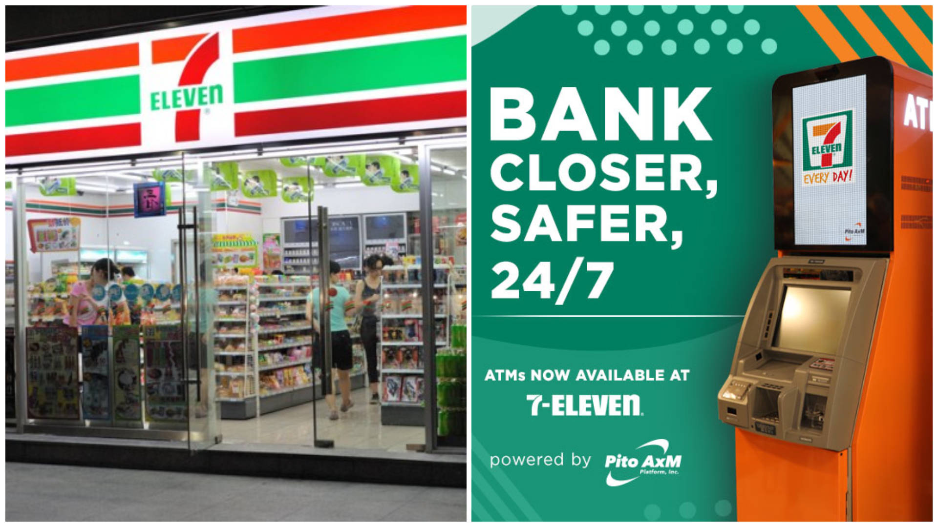 Eleven 桌布 壁紙 — 明亮的7-Eleven商店，顧客在綠色橙色ATM亭旁購物，該亭宣傳247銀行服務。