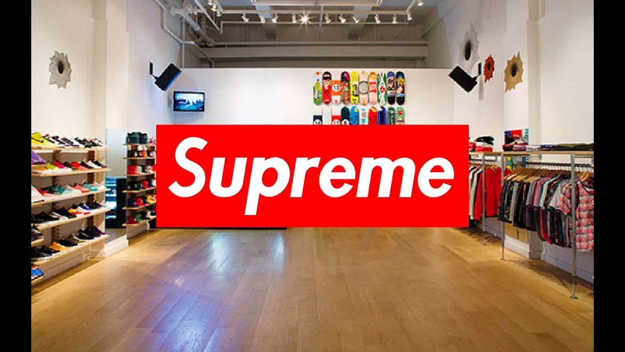 supreme 桌布 壁紙 — 明亮的Supreme店鋪內部，木地板、衣架和牆上掛著的彩色滑板。