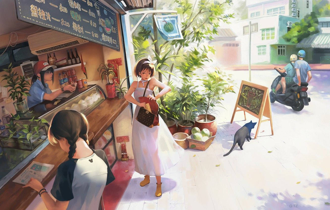 Cartoon 桌布 壁紙 — 明亮的動漫風格街景，一名身穿白色連衣裙的女子在攤位買食物，一隻黑貓在附近徘徊。