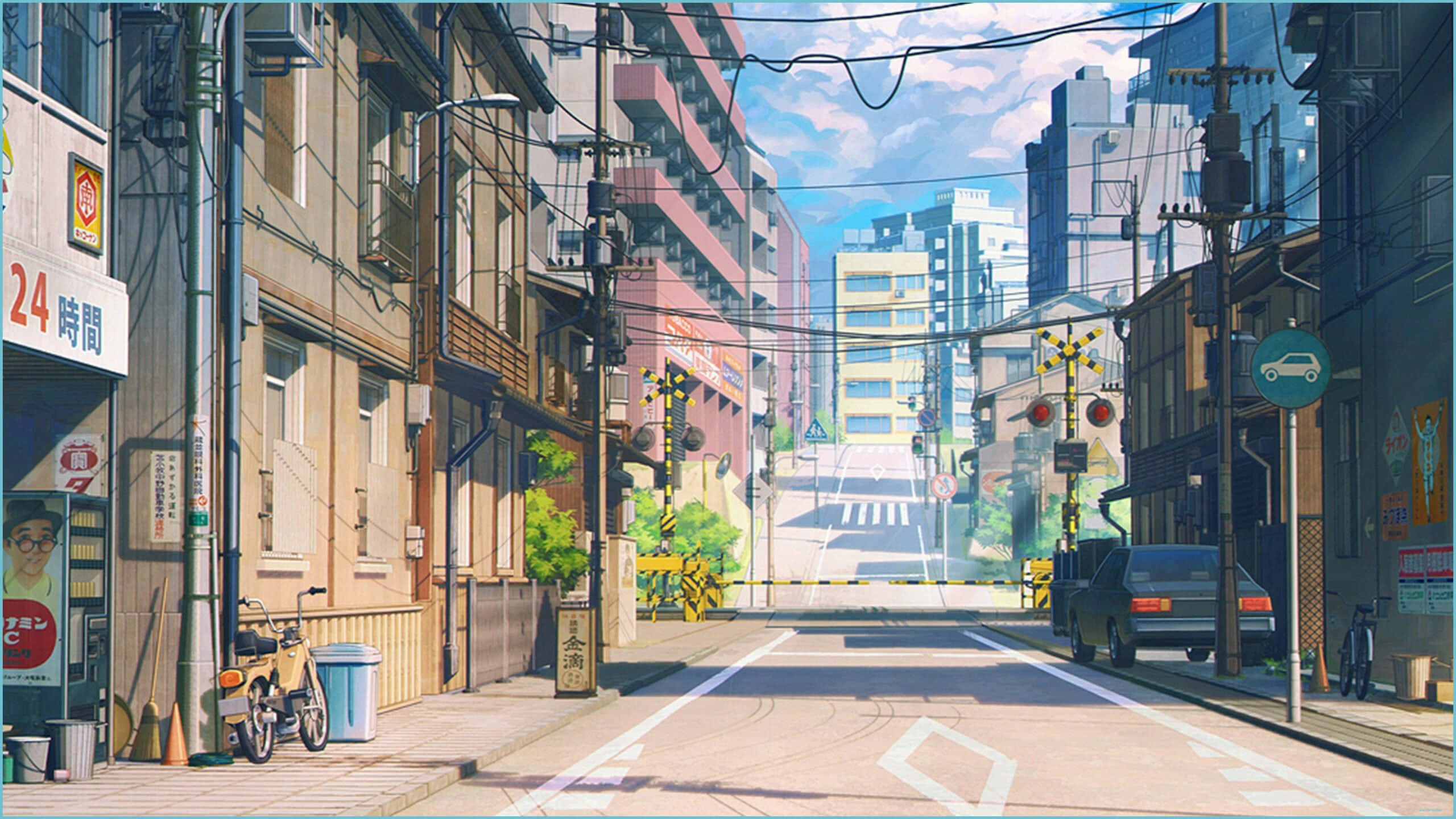 Cozy Anime 桌布 壁紙 — 明亮的動漫風格街景，建築物、電線和遠處的火車在清澈的藍天下。