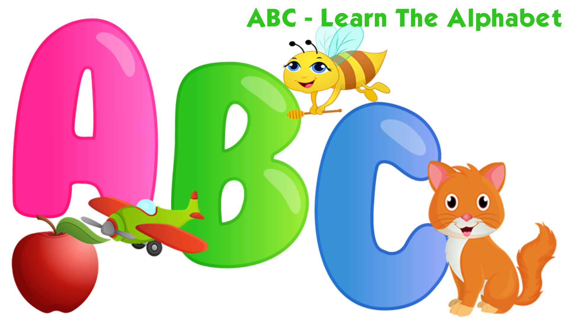字母動畫 桌布 壁紙 — 明亮的卡通字母ABC，B上有蜜蜂，C上有貓，附近有蘋果和飛機。