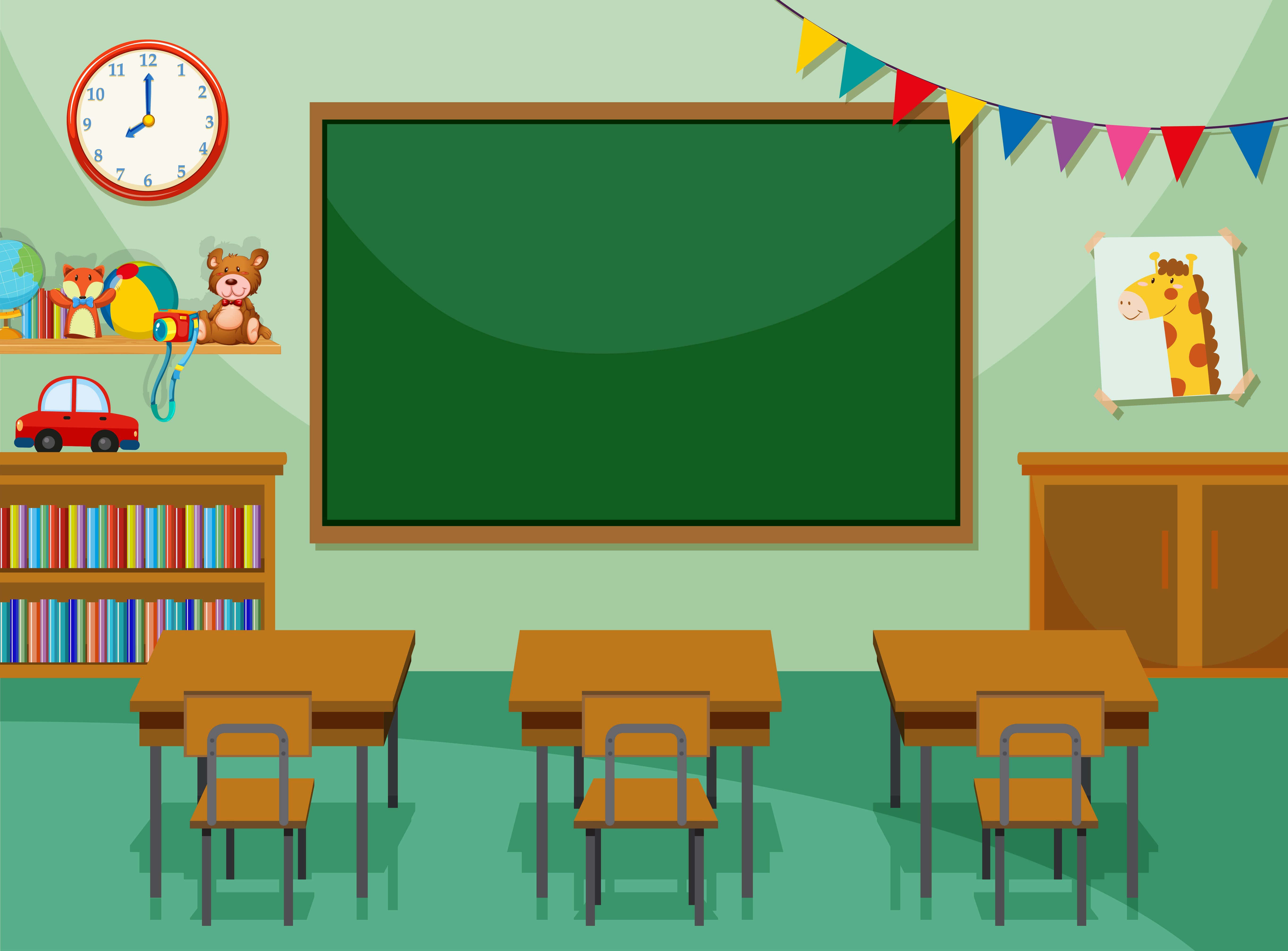 Blackboard 桌布 壁紙 — 明亮的卡通教室，配有木製書桌、椅子、綠色黑板、色彩繽紛的裝飾和教育玩具。