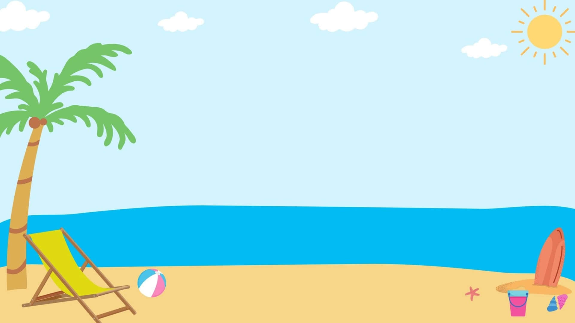 Summer Zoom 桌布 壁紙 — 明亮的卡通海灘場景，有棕櫚樹、黃色躺椅、沙灘球和衝浪板，在晴朗的天空下。