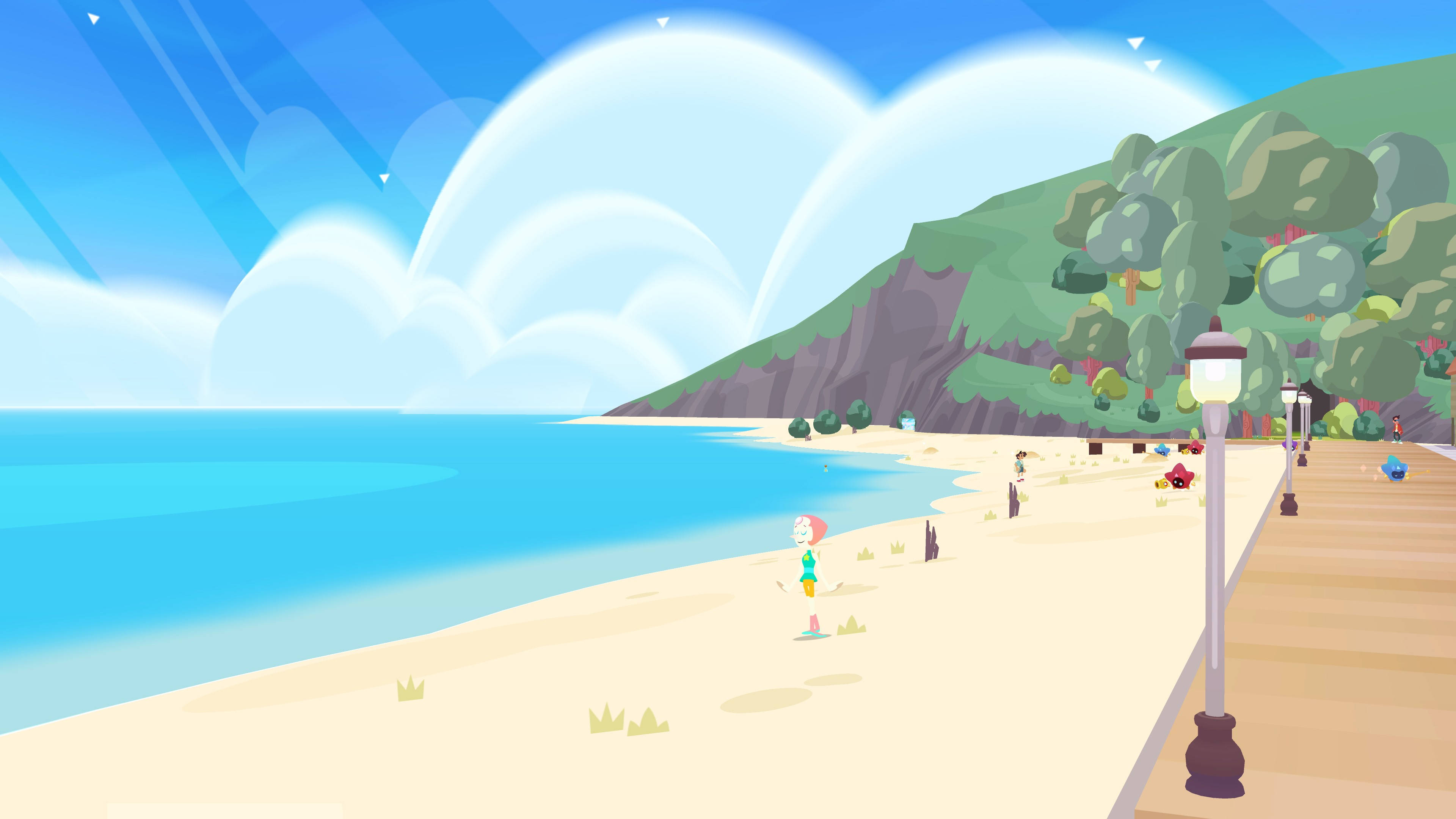 Cartoon Network 桌布 壁紙 — 明亮的卡通海灘場景，有藍綠色海水、沙灘和綠色山丘，藍天白雲。