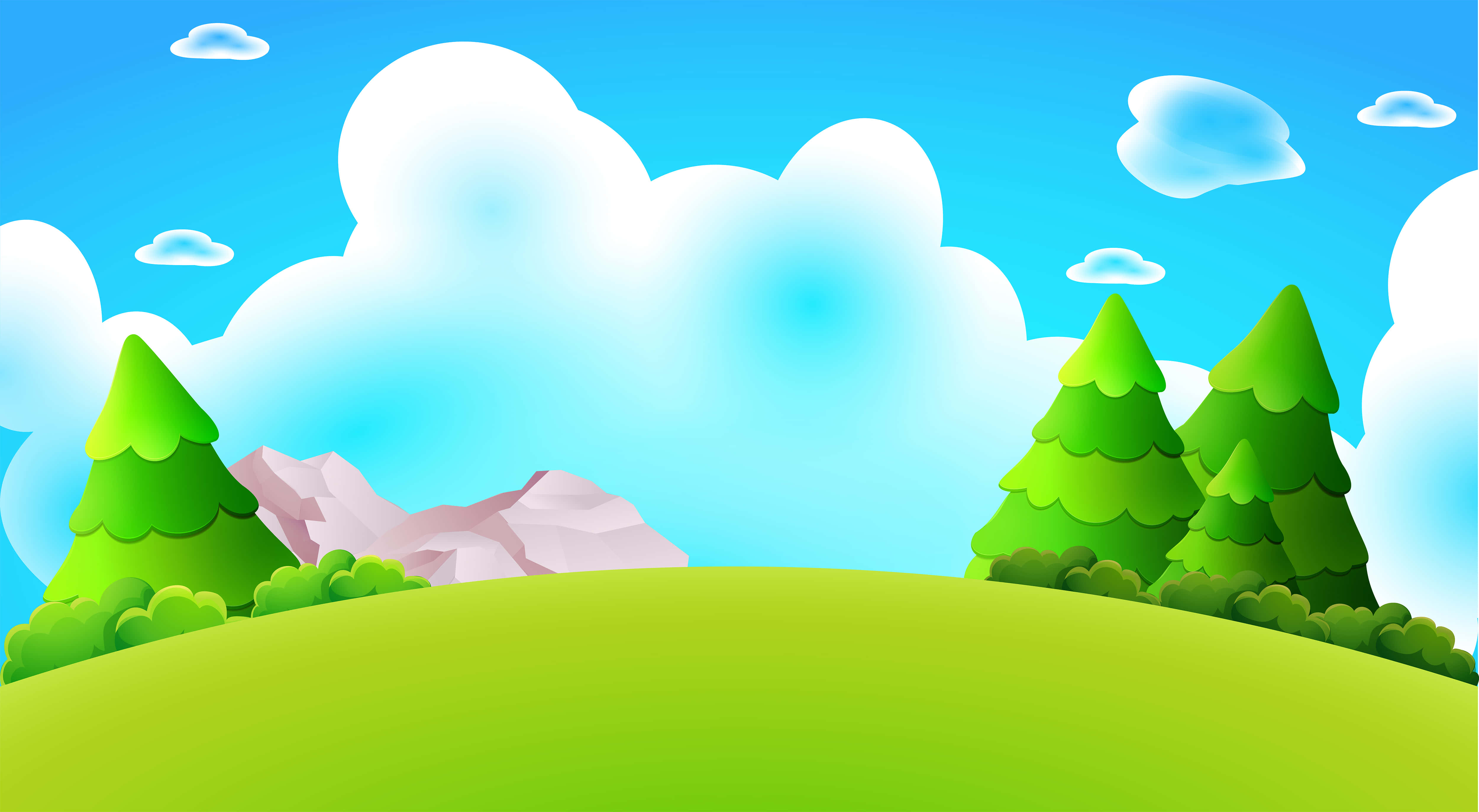 Cartoon Forest 桌布 壁紙 — 明亮的卡通風景，有起伏的綠色山丘、松樹和粉紅色的山脈，在藍天白雲下。