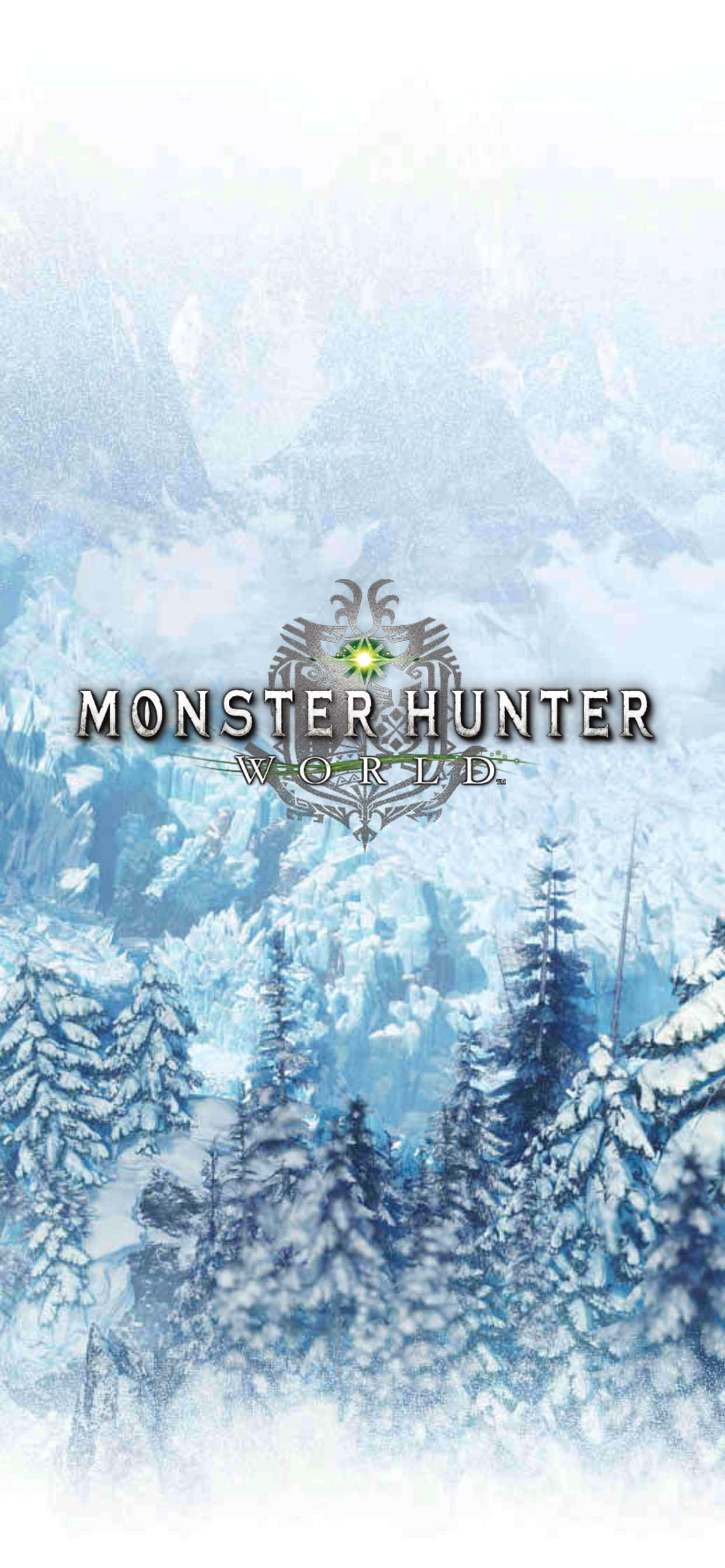 遊戲 桌布 壁紙 — 明亮的天空下，雪覆蓋的山地景觀中，有常青樹和Monster Hunter World標誌。