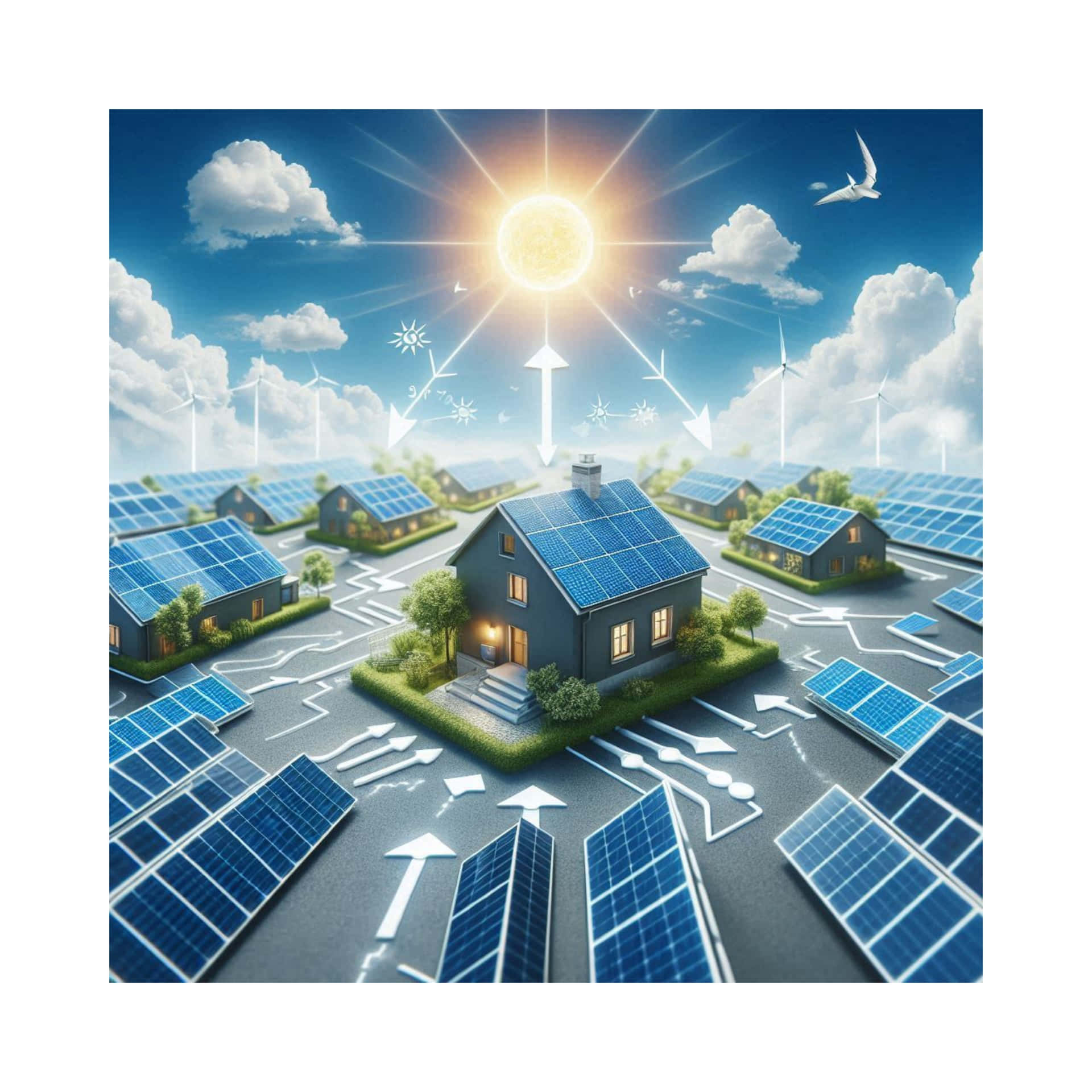 diagrammatic solar power drawing 壁紙 — 明亮的太陽將能量箭射向未來生態村莊屋頂和道路上的太陽能電池板，村莊內有風力渦輪機和飛鳥。