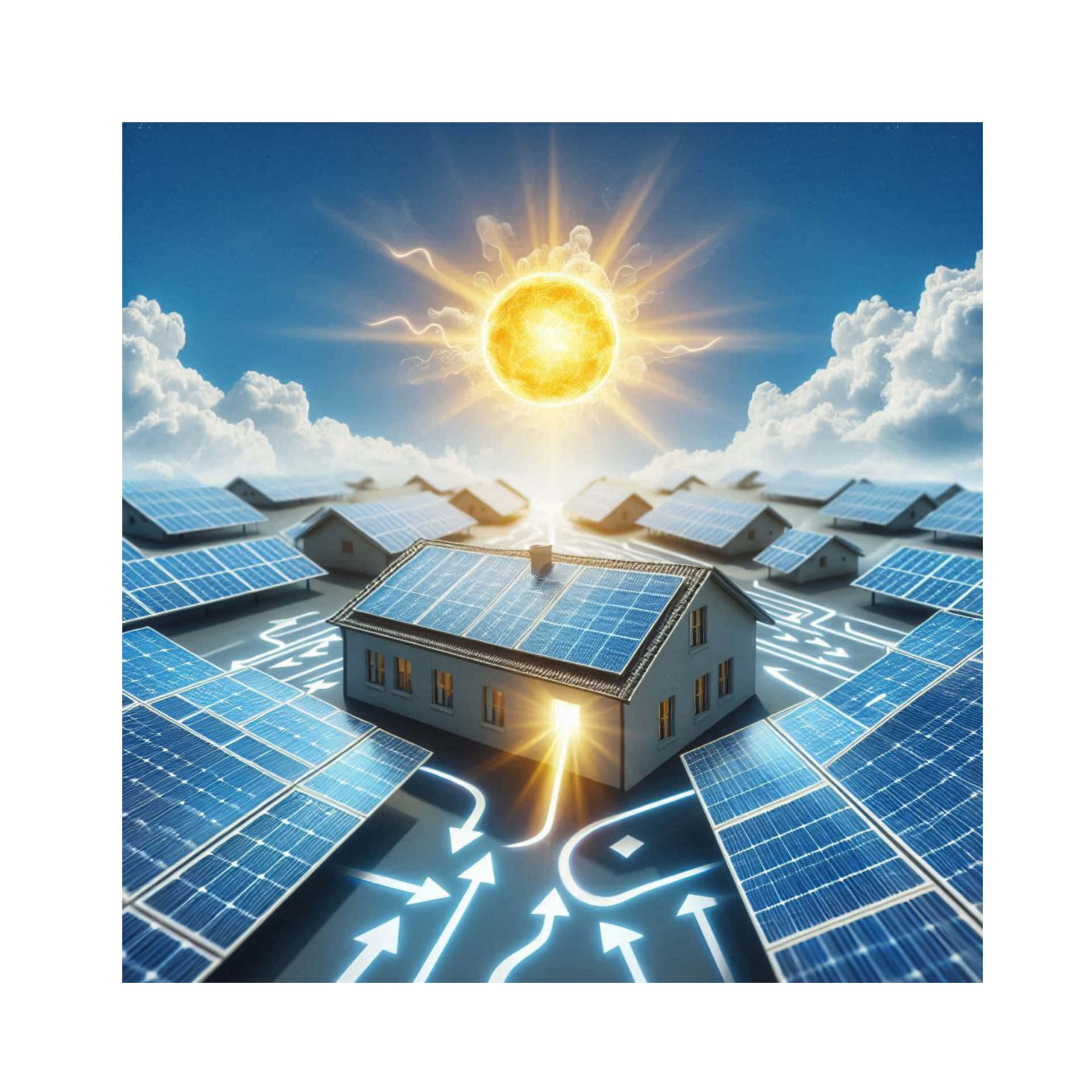 diagrammatic solar power drawing 壁紙 — 明亮的太陽照耀著房屋，太陽能板發出藍光，能量以箭頭從太陽能板流向房屋。