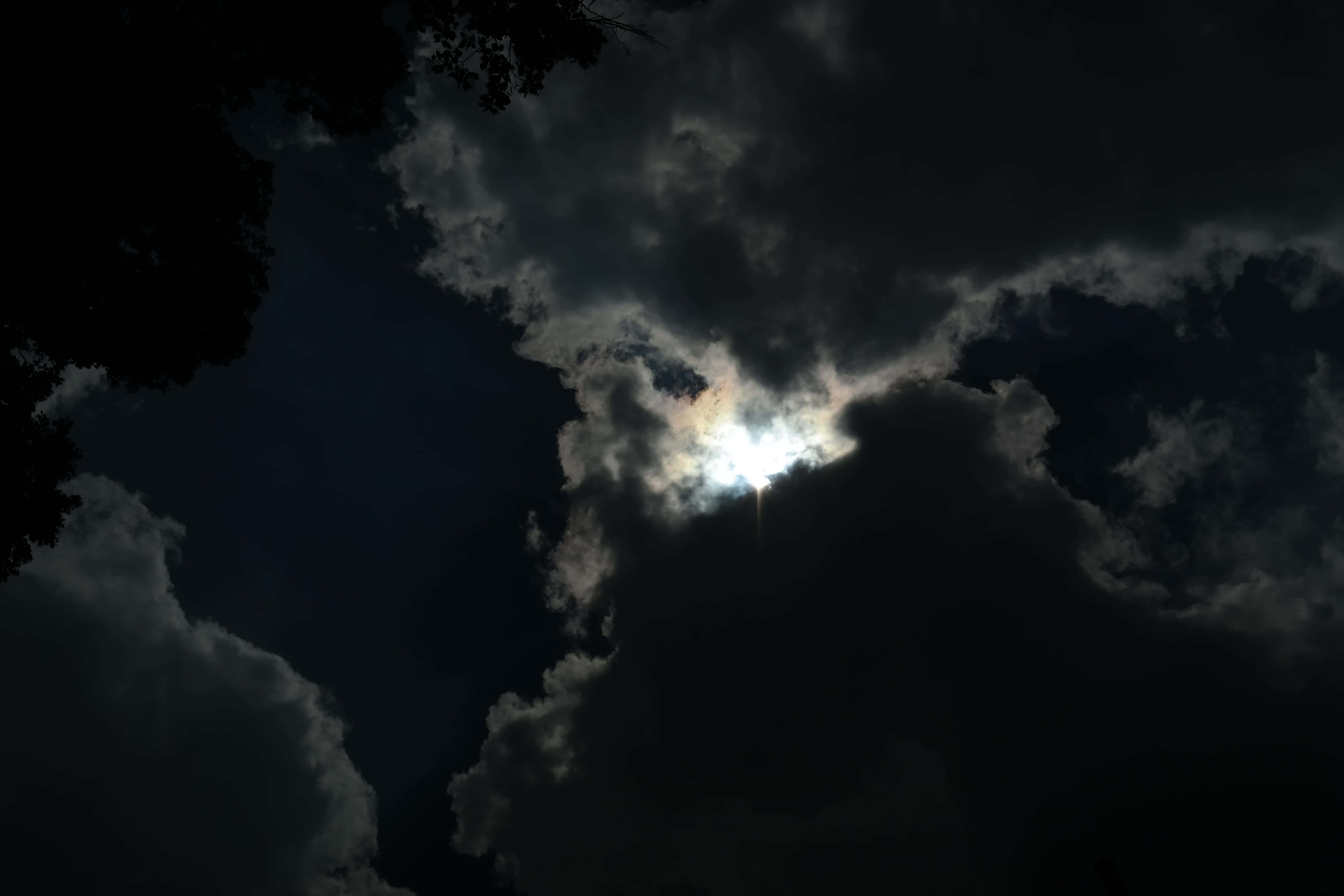 Dark Heaven 桌布 壁紙 — 明亮的太陽穿透黑暗的暴風雲，左上角有樹木剪影構成框架。