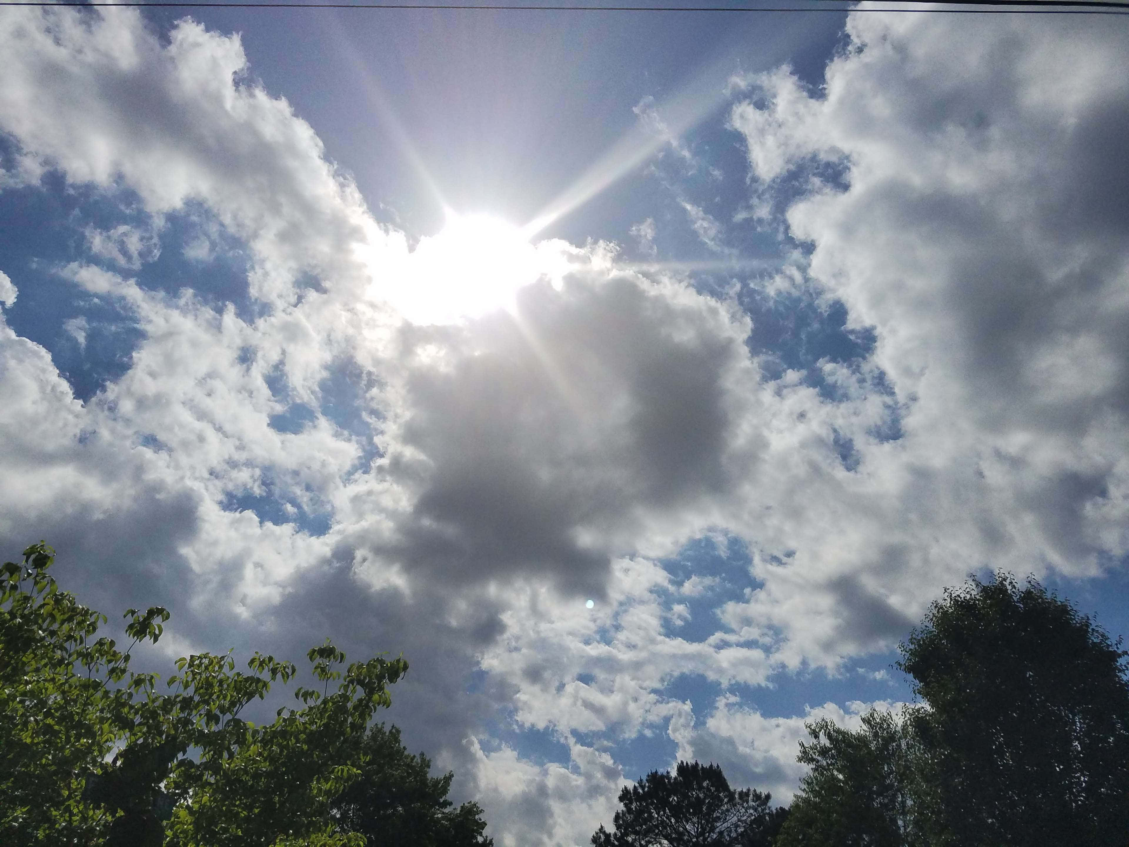 雲朵 桌布 壁紙 — 明亮的太陽穿過蓬鬆的白雲，映襯著鮮豔的藍天，底部有樹梢框住。