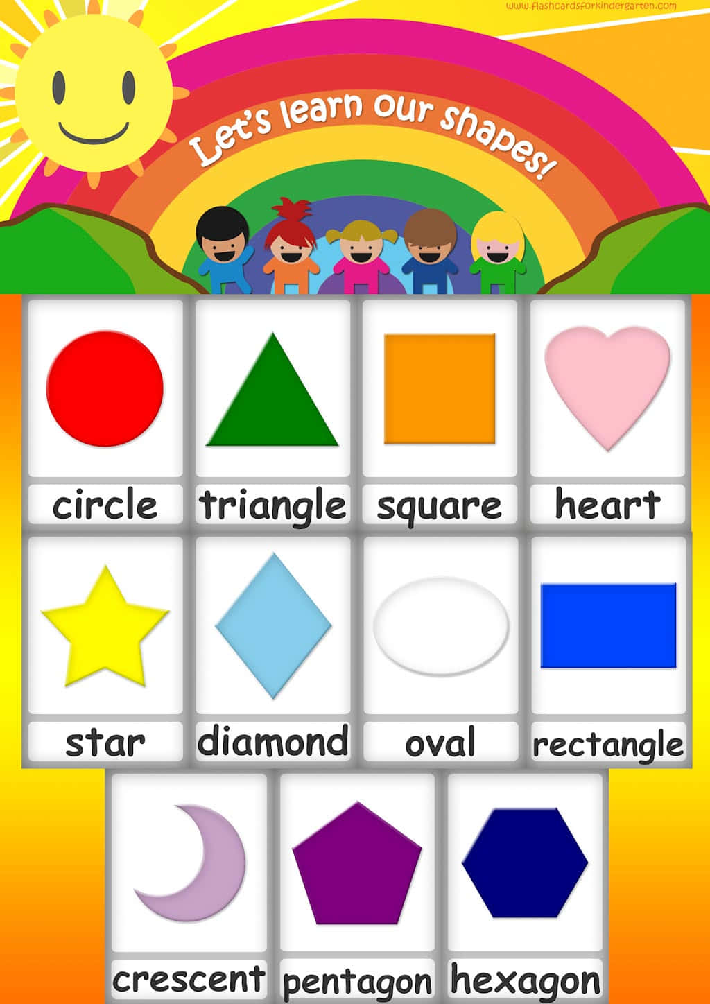 Shapes 桌布 壁紙 — 明亮的教學圖表，在微笑的太陽和彩虹下用彩色圖示教孩子形狀。