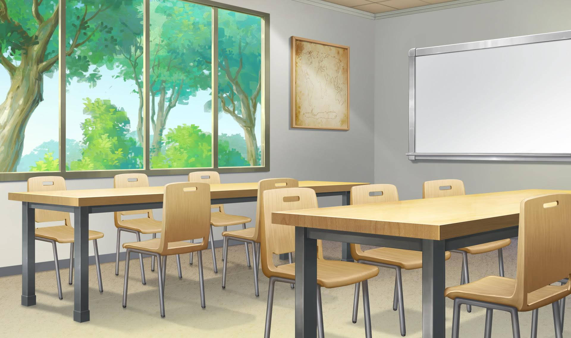 Classroom 桌布 壁紙 — 明亮的教室，配有木製桌椅和大窗戶，窗外是茂密的綠樹。