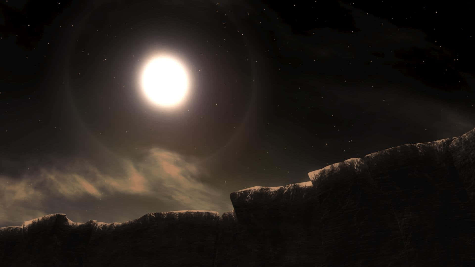 Dark Theme 桌布 壁紙 — 明亮的月亮在繁星點點的夜空和縷縷雲彩下，為崎嶇的岩石地形投下柔和的光芒。