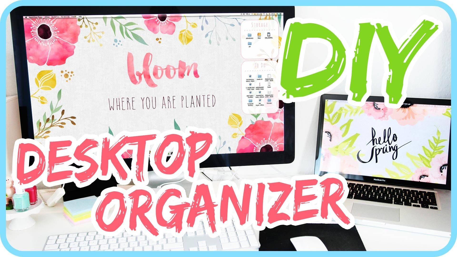 Organizer 桌布 壁紙 — 明亮的桌面設定，顯示器上帶有花卉桌布和粗體DIY文字疊加，推廣春季主題整理器。