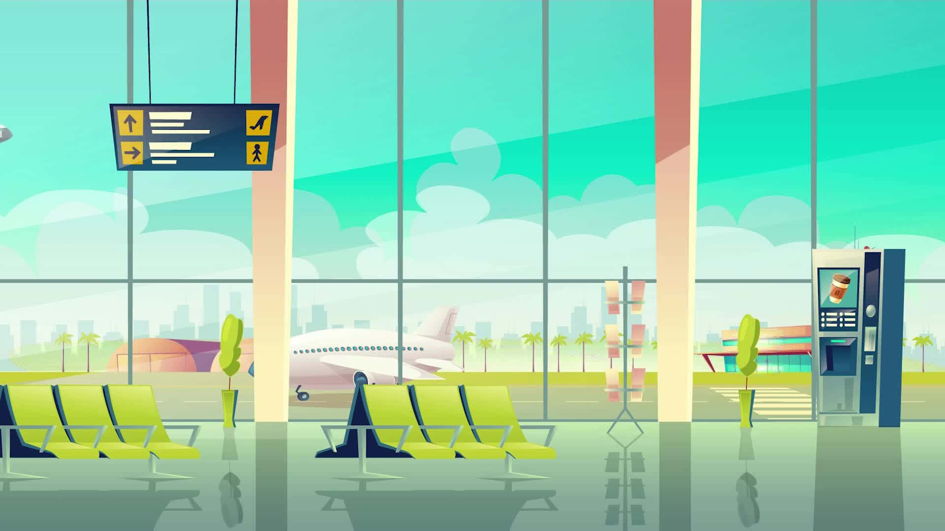 Airport 桌布 壁紙 — 明亮的機場航站樓，設有綠色座椅和大窗戶，可俯瞰陽光明媚的跑道和白色飛機。