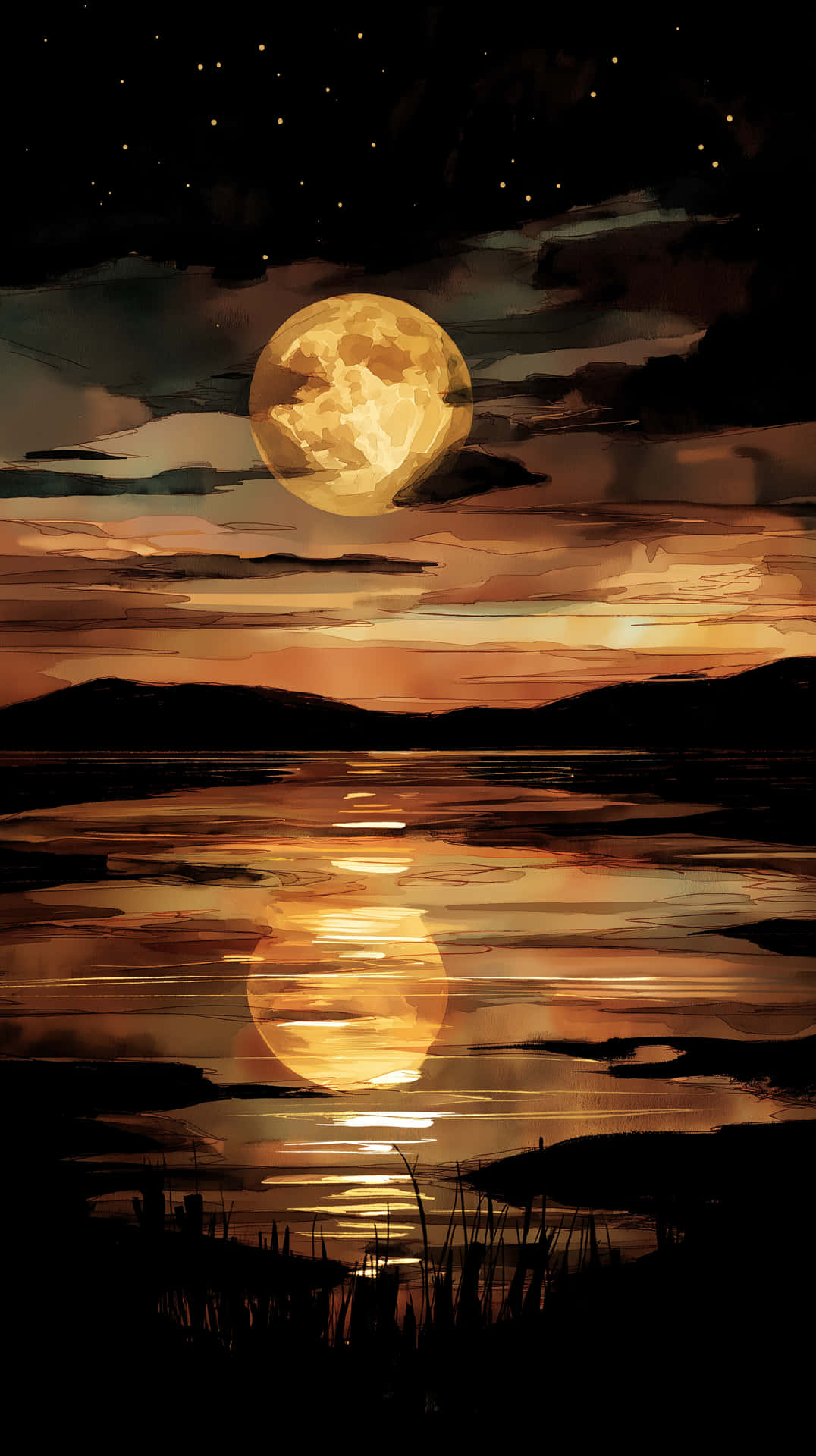 A golden full moon casting threads of radiant light over mountains and lake 壁紙 — 明亮的滿月在平靜的湖面上發光，將金色的光芒反射在黑暗的輪廓山丘和星空上。