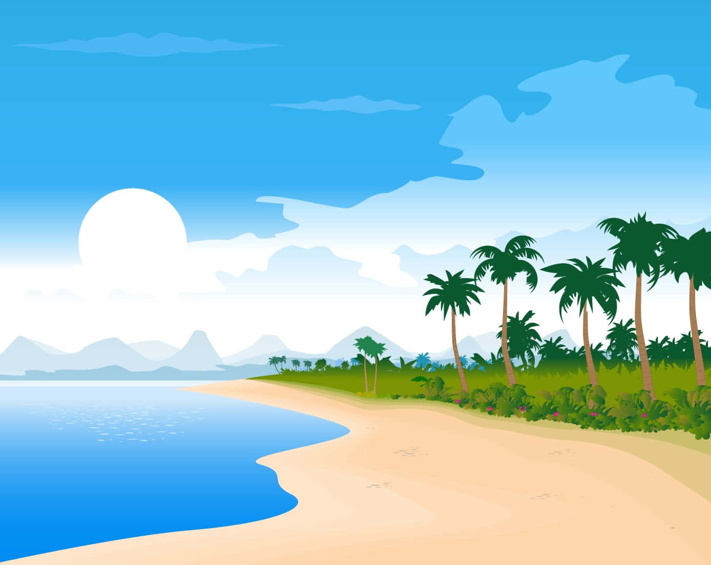 Cartoon Beach 桌布 壁紙 — 明亮的熱帶海灘，棕櫚樹、沙灘和藍色海洋，陽光明媚的天空下遠處有山脈。