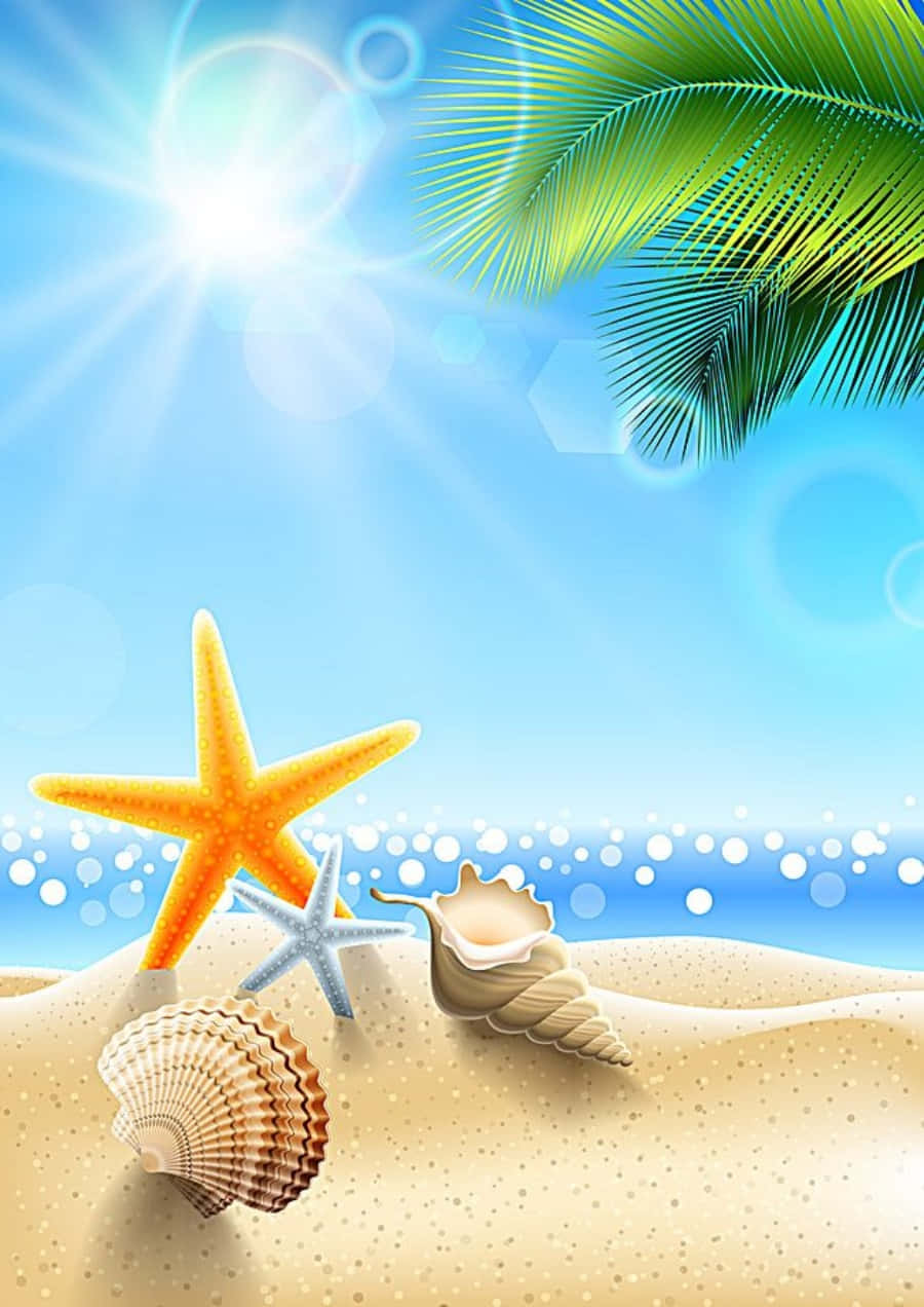 夏天 桌布 壁紙 — 明亮的熱帶海灘場景，棕櫚葉、海星和貝殼散落在金色沙灘上，上方是燦爛的藍天。