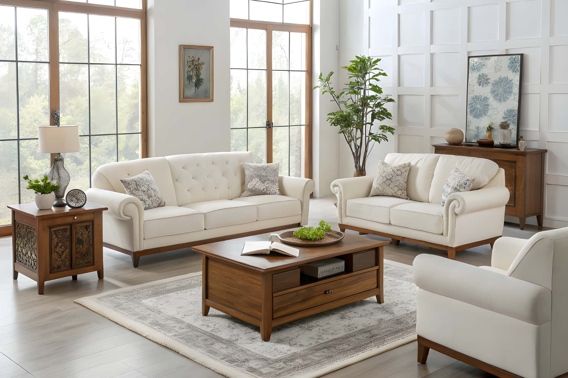 Beautiful furniture designs 壁紙 — 明亮的現代客廳，配有白色簇絨沙發、木製咖啡桌和俯瞰綠化的大窗戶。
