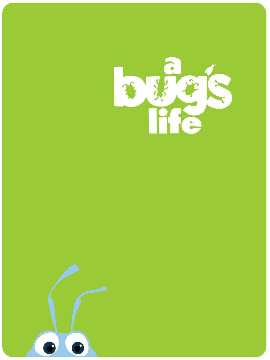 life 桌布 壁紙 — 明亮的綠色背景上，白色標題「a bug's life」中的字母內有蟲子剪影，底部有一隻藍色螞蟻探出頭來。