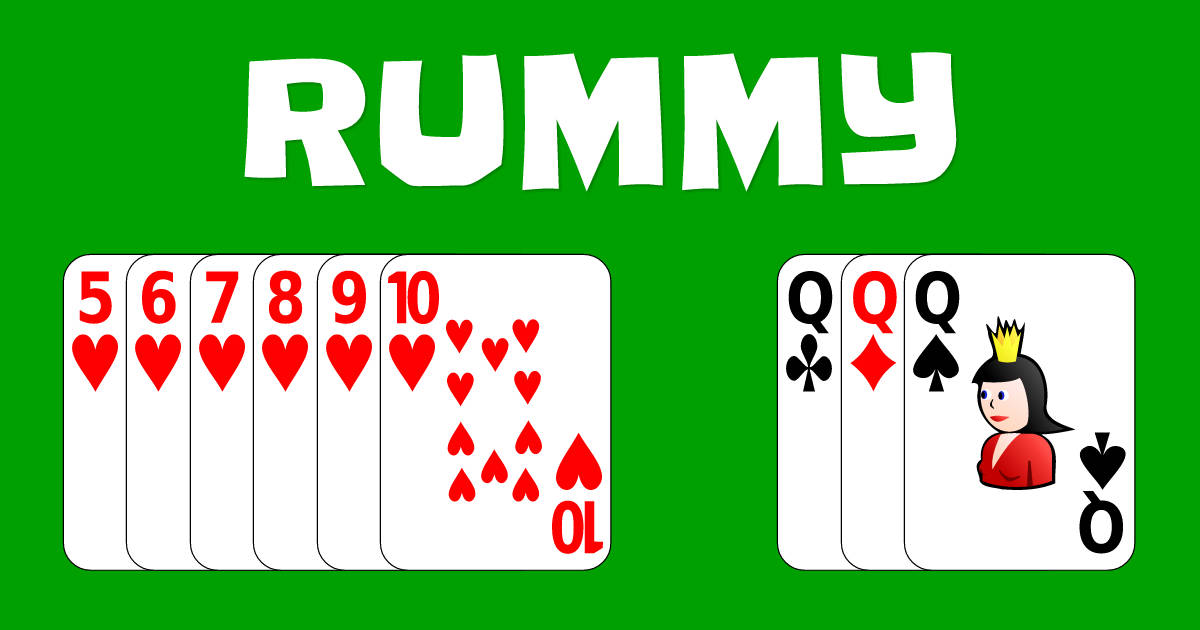 女王 桌布 壁紙 — 明亮的綠色背景顯示單詞RUMMY，上方有兩組撲克牌，展示紅心順子和三張皇后。