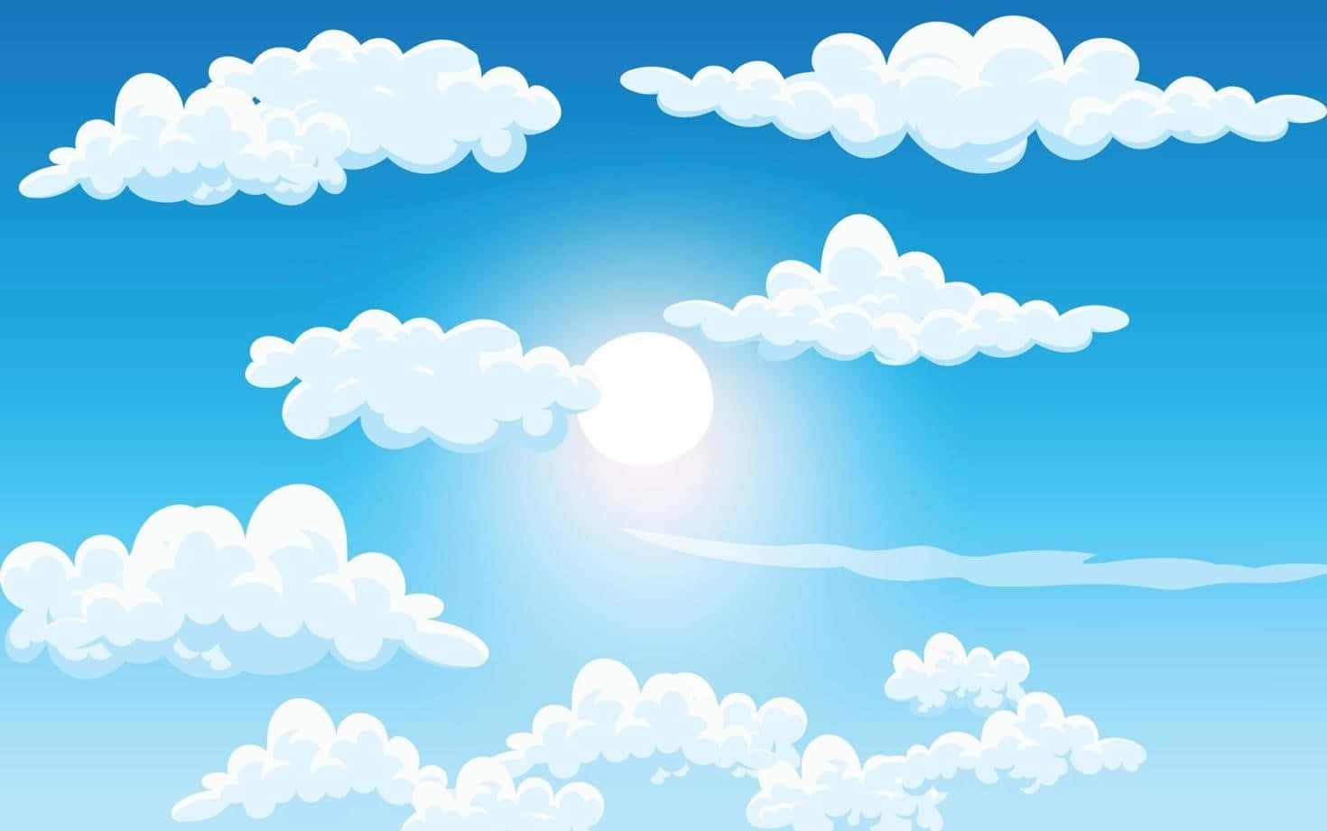 Clouds 桌布 壁紙 — 明亮的藍天，充滿蓬鬆的白雲和散發柔和光線的發光太陽。