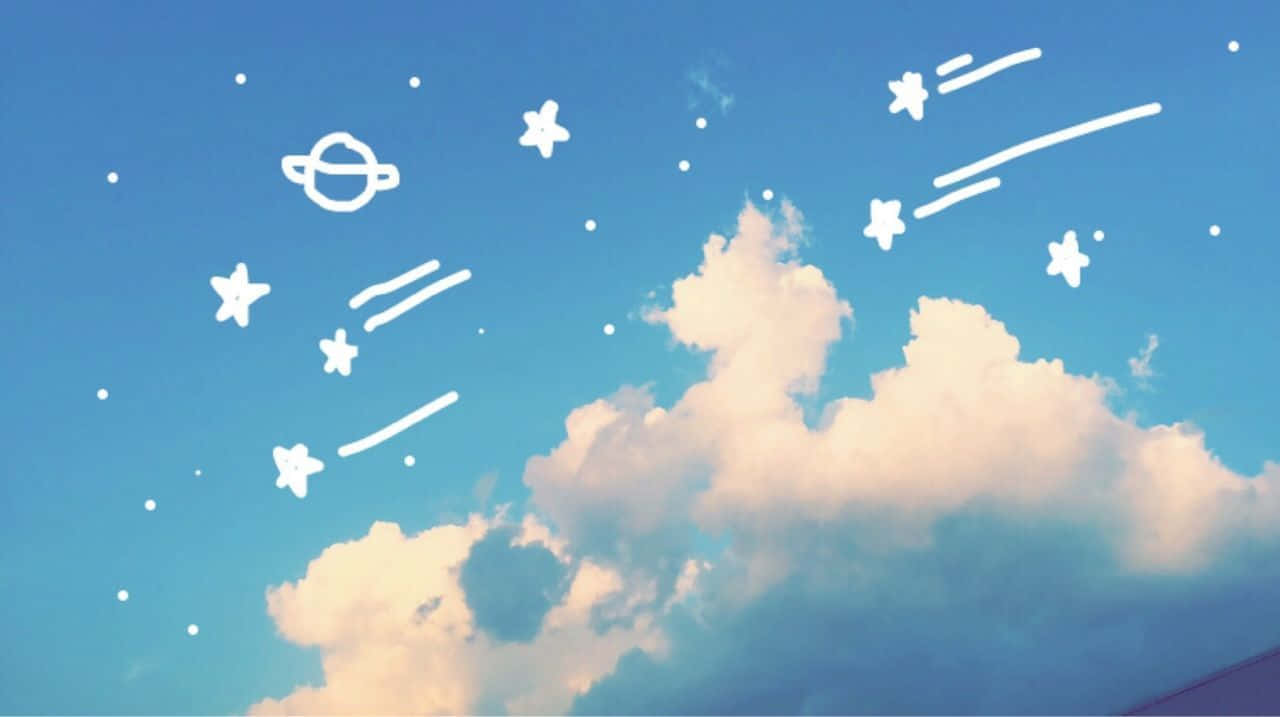 雲朵 桌布 壁紙 — 明亮的藍天，有蓬鬆的白雲和星星及行星的異想天開白色線條畫。